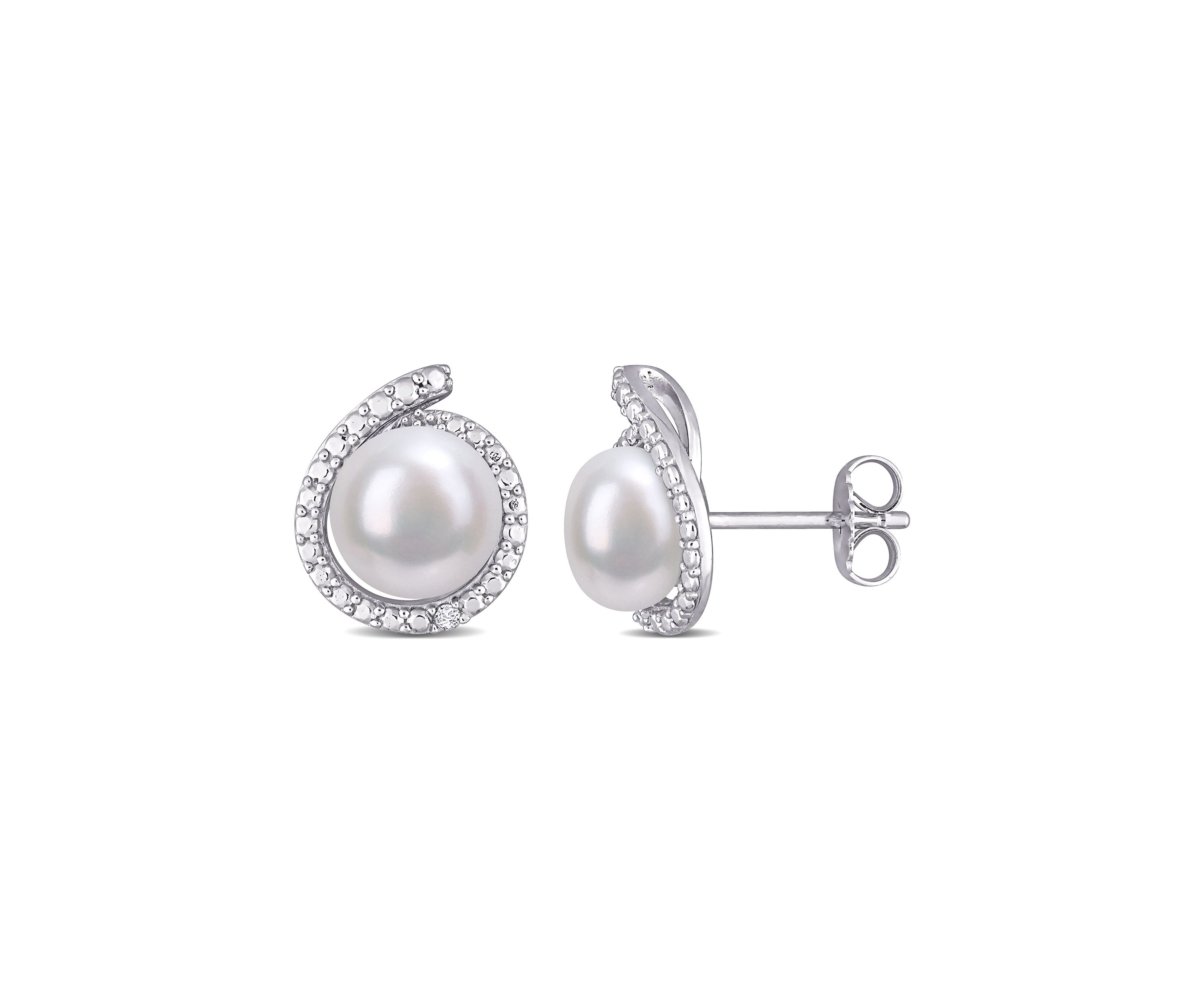 8-8.5mm Freshwater Cultured Pearl and Diamond Accent Halo Stud Earrings in Sterling Silver