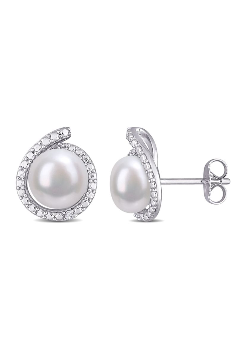 8-8.5mm Freshwater Cultured Pearl and Diamond Accent Halo Stud Earrings in Sterling Silver