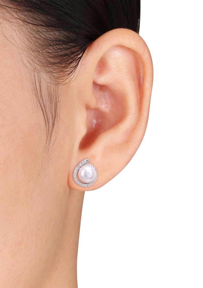 8-8.5mm Freshwater Cultured Pearl and Diamond Accent Halo Stud Earrings in Sterling Silver