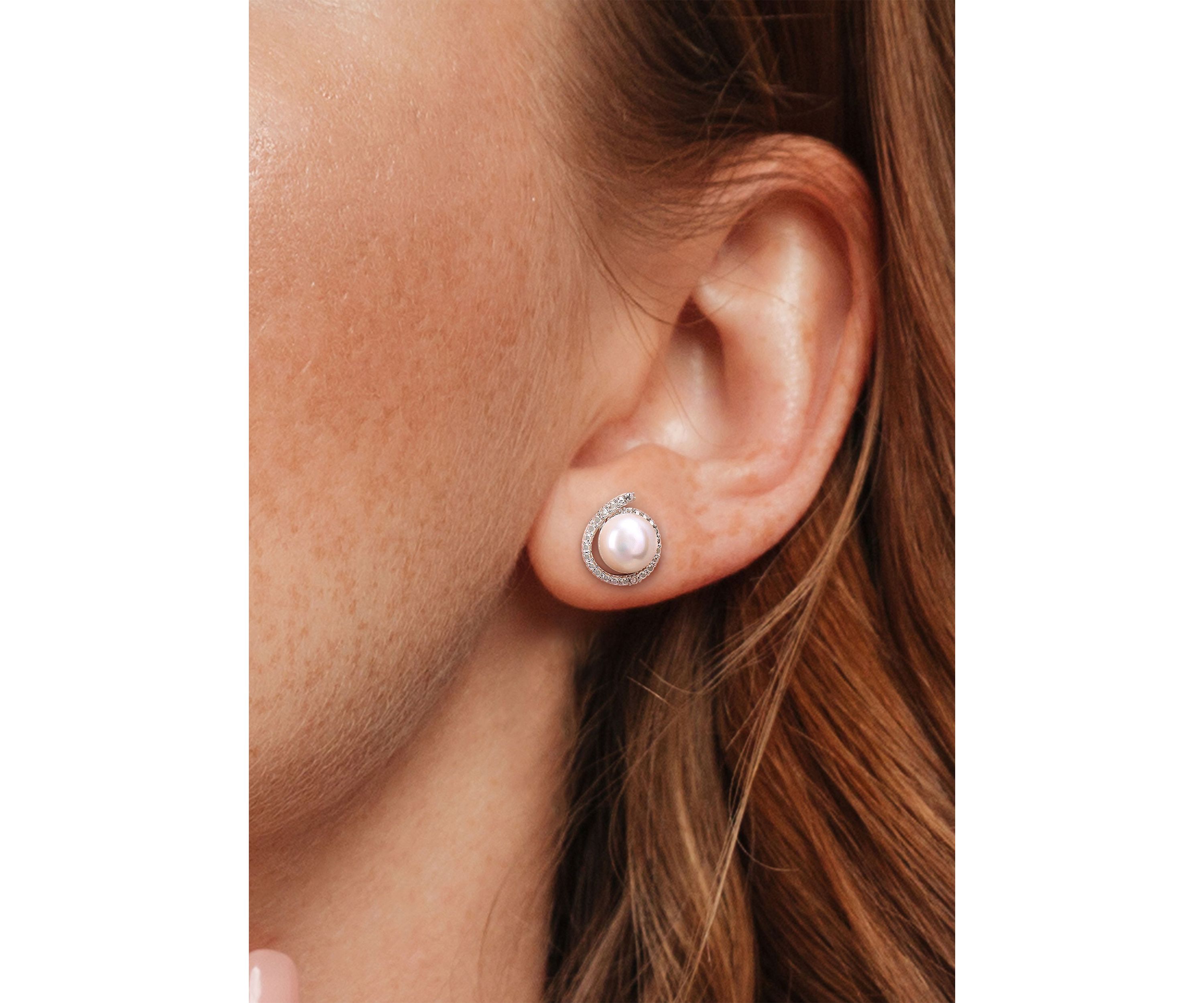 8-8.5mm Freshwater Cultured Pearl and Diamond Accent Halo Stud Earrings in Sterling Silver