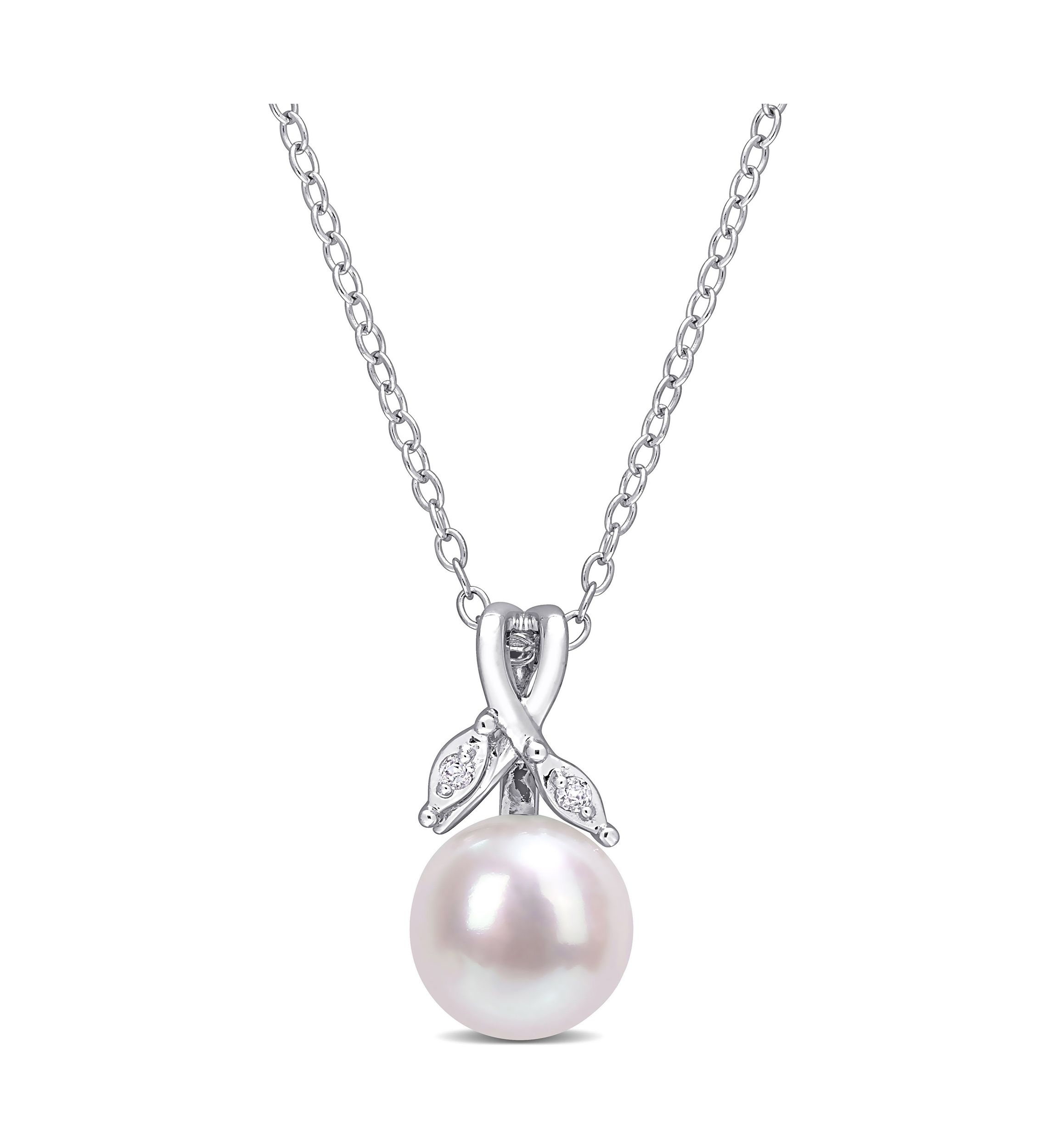 7.5-8mm Freshwater Cultured Pearl and Diamond Accent Drop Pendant with Chain in Sterling Silver
