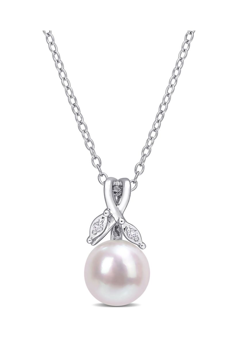 7.5-8mm Freshwater Cultured Pearl and Diamond Accent Drop Pendant with Chain in Sterling Silver
