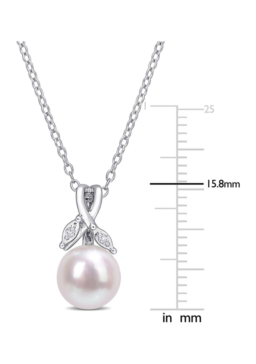 7.5-8mm Freshwater Cultured Pearl and Diamond Accent Drop Pendant with Chain in Sterling Silver