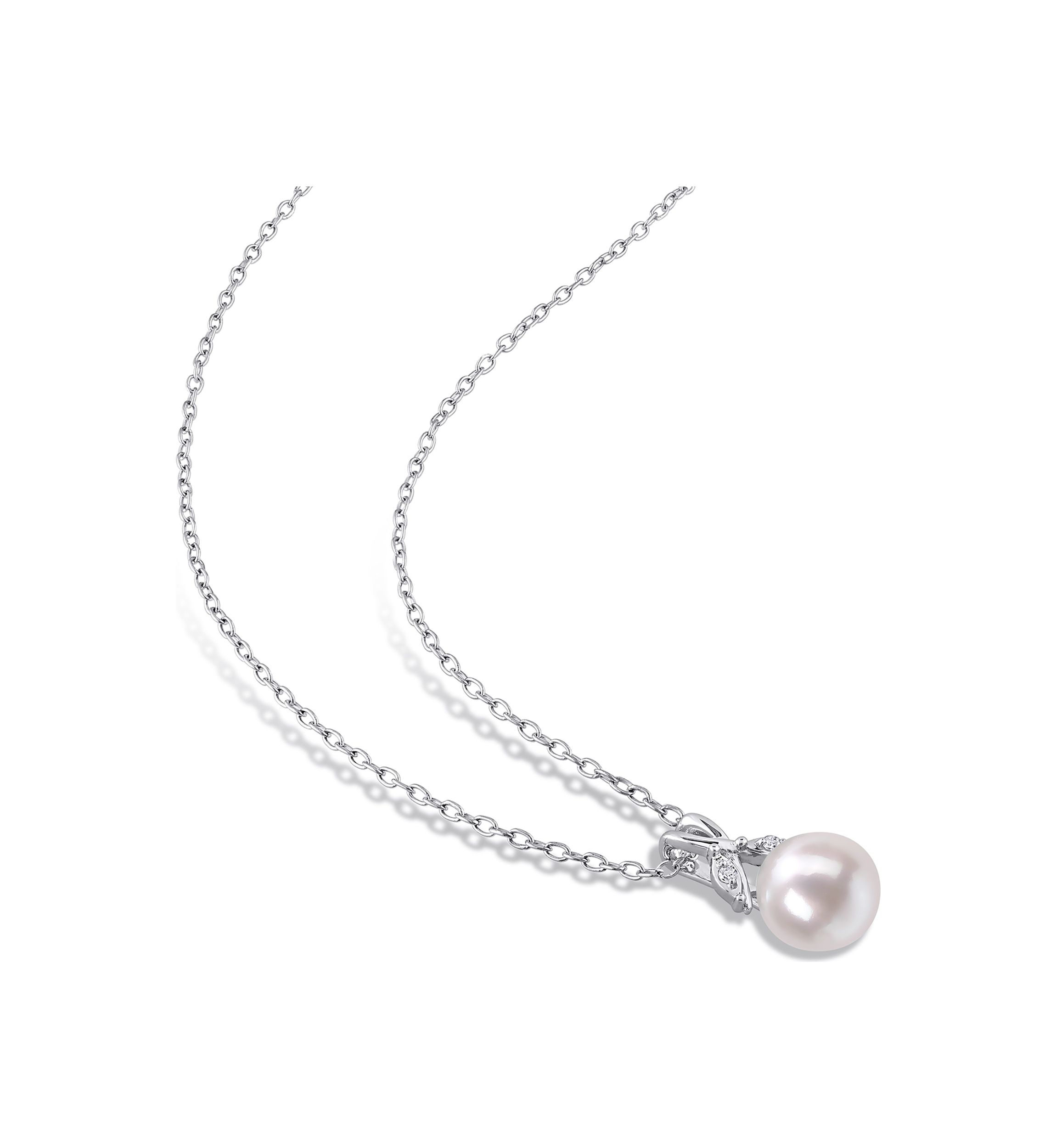 7.5-8mm Freshwater Cultured Pearl and Diamond Accent Drop Pendant with Chain in Sterling Silver