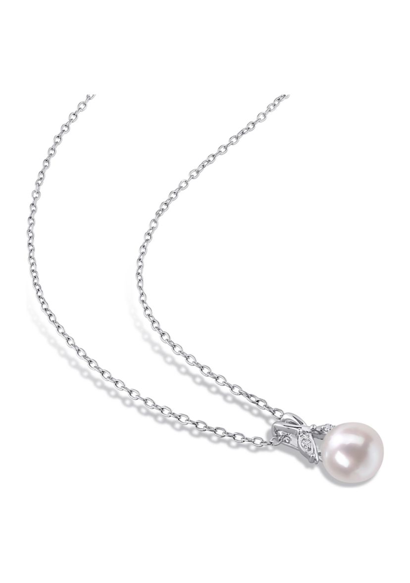 7.5-8mm Freshwater Cultured Pearl and Diamond Accent Drop Pendant with Chain in Sterling Silver