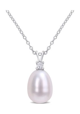Belk & Co Lab Created 8-8.5mm Freshwater Cultured Pearl and 1/10 CT TGW White Sapphire Drop Pendant with Chain in Sterling Silver