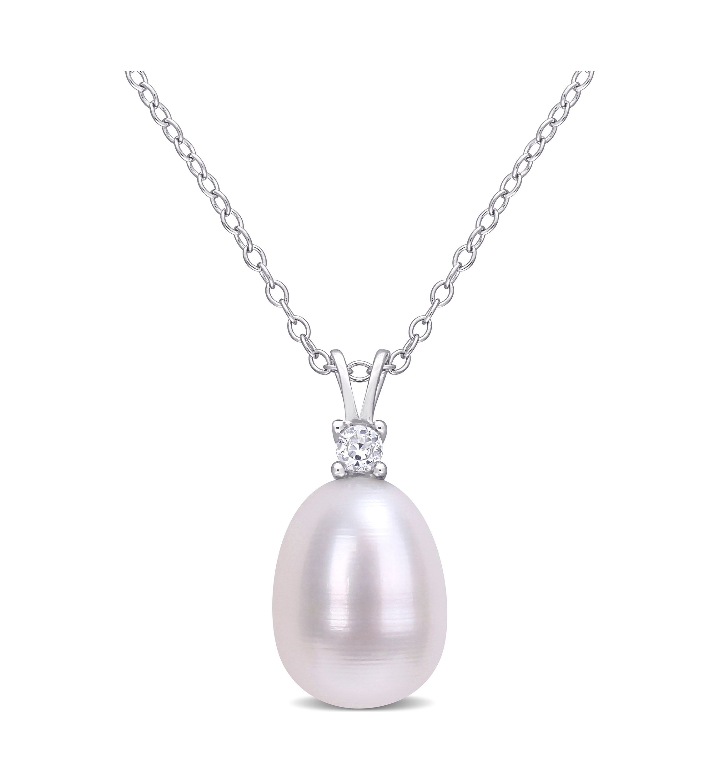 Lab Created 8-8.5mm Freshwater Cultured Pearl and 1/10 CT TGW Created White Sapphire Drop Pendant with Chain in Sterling Silver