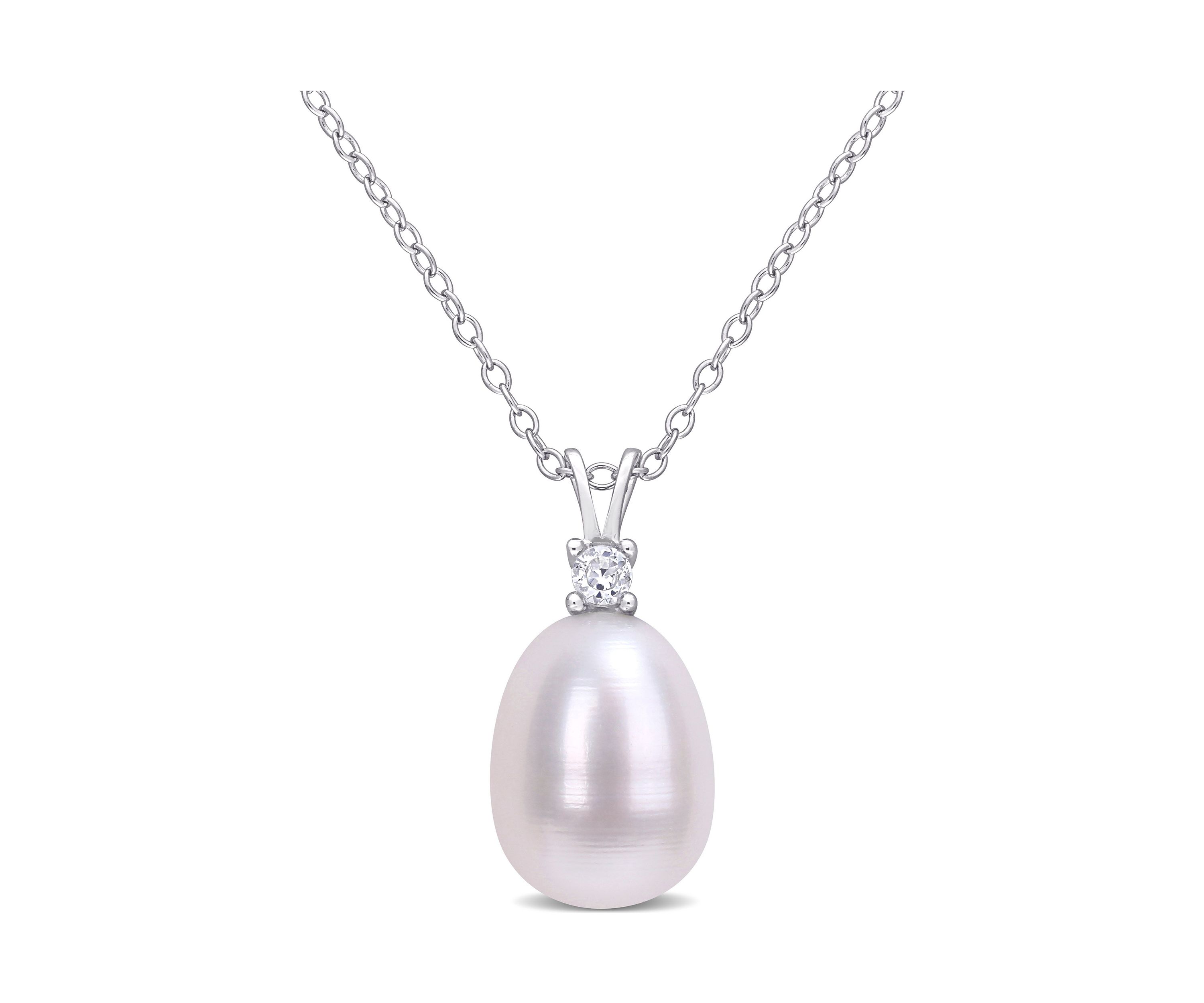 Lab Created 8-8.5mm Freshwater Cultured Pearl and 1/10 CT TGW Created White Sapphire Drop Pendant with Chain in Sterling Silver