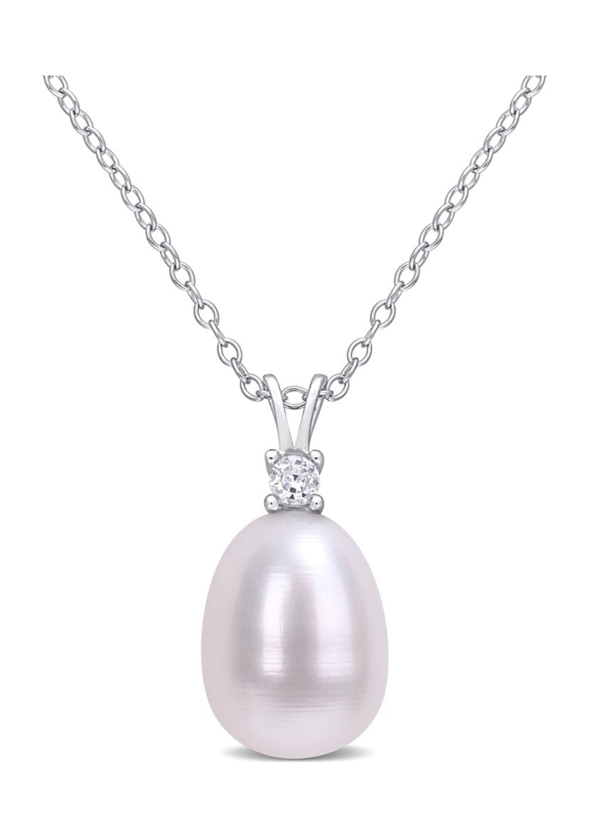 Lab Created 8-8.5mm Freshwater Cultured Pearl and 1/10 CT TGW Created White Sapphire Drop Pendant with Chain in Sterling Silver