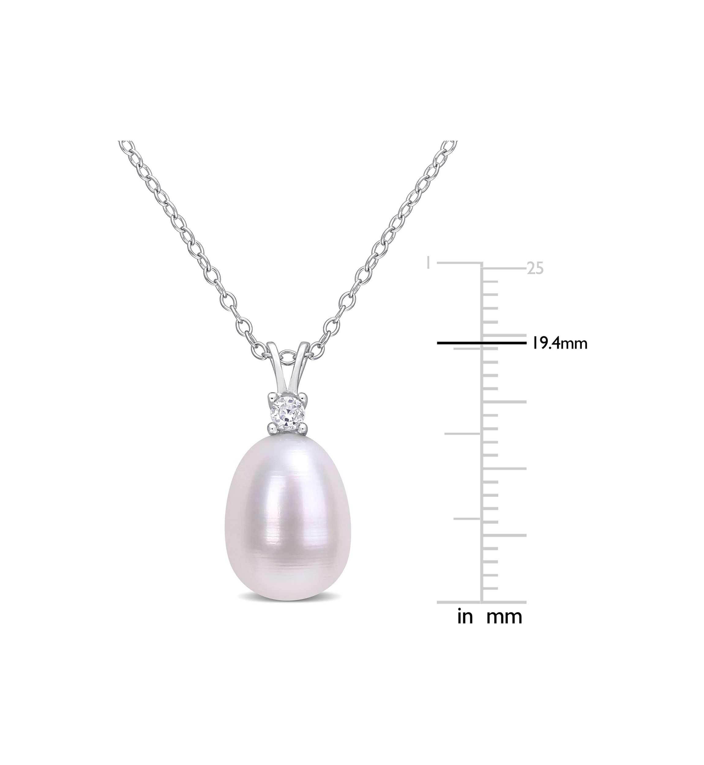 Lab Created 8-8.5mm Freshwater Cultured Pearl and 1/10 CT TGW Created White Sapphire Drop Pendant with Chain in Sterling Silver