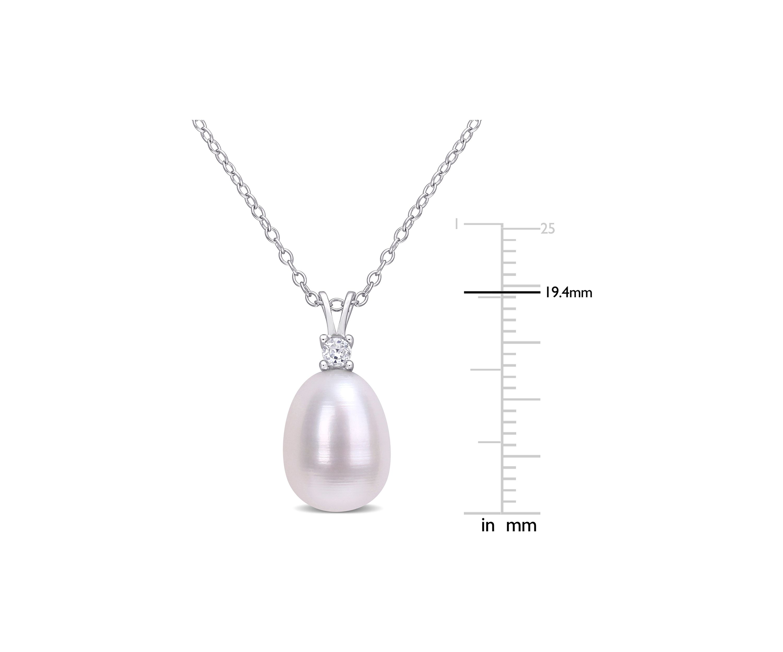 Lab Created 8-8.5mm Freshwater Cultured Pearl and 1/10 CT TGW Created White Sapphire Drop Pendant with Chain in Sterling Silver
