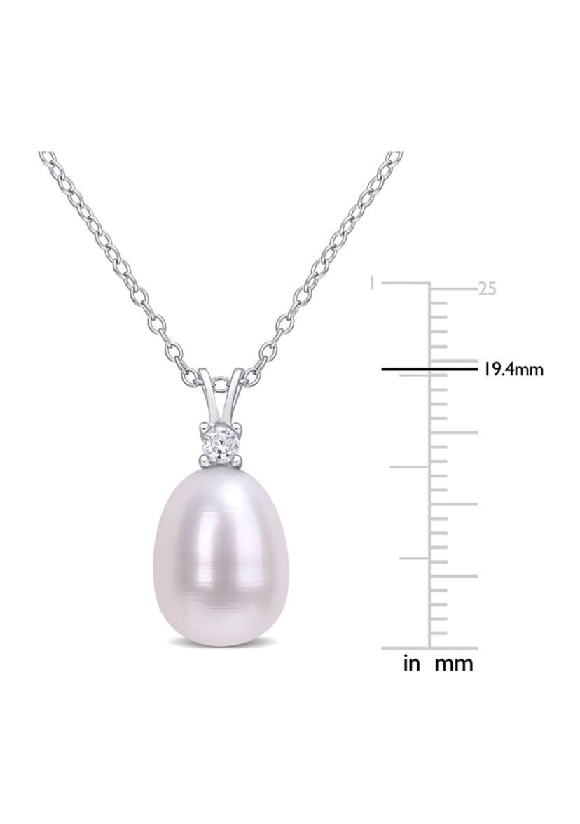 Lab Created 8-8.5mm Freshwater Cultured Pearl and 1/10 CT TGW Created White Sapphire Drop Pendant with Chain in Sterling Silver