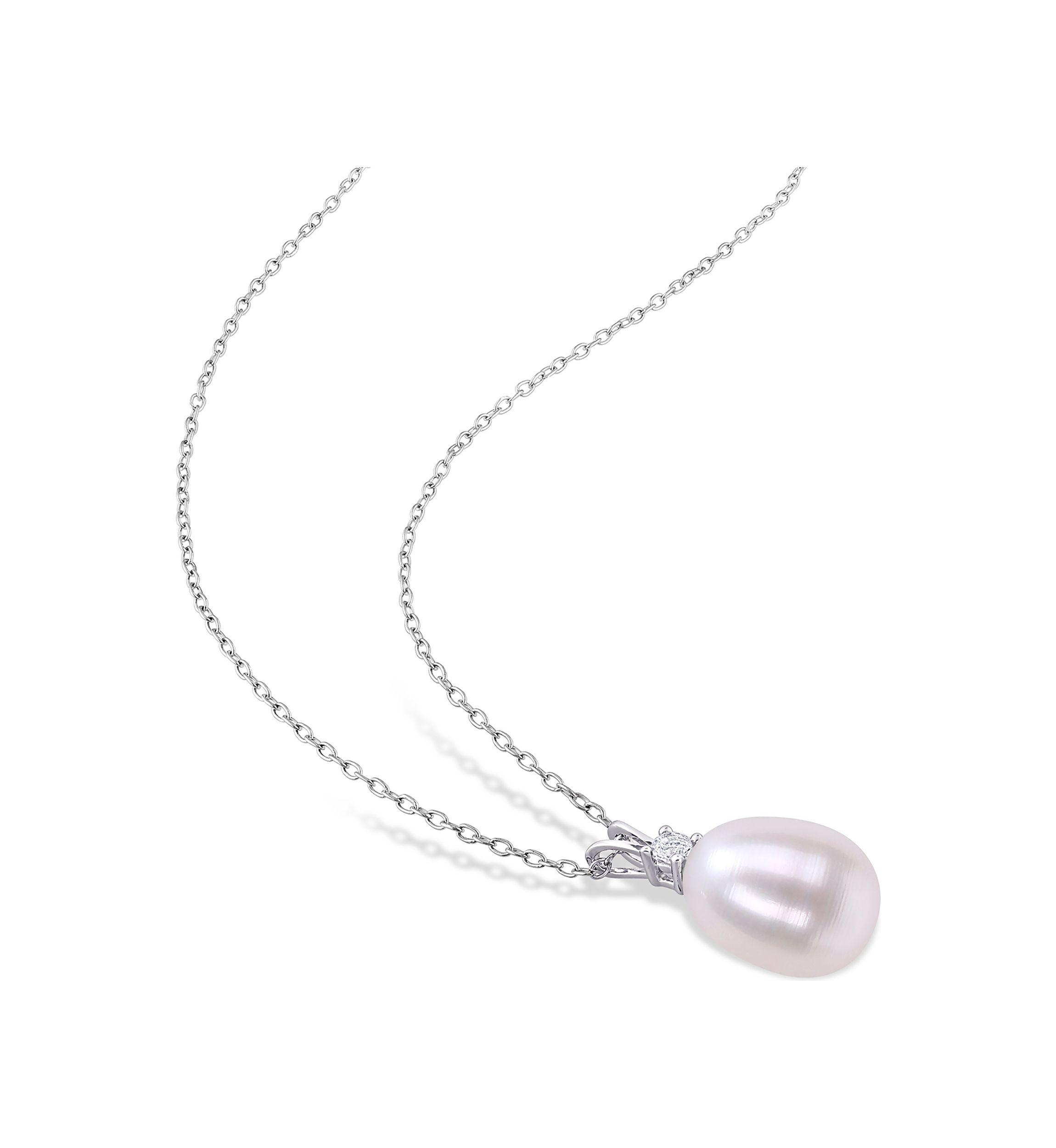 Lab Created 8-8.5mm Freshwater Cultured Pearl and 1/10 CT TGW Created White Sapphire Drop Pendant with Chain in Sterling Silver