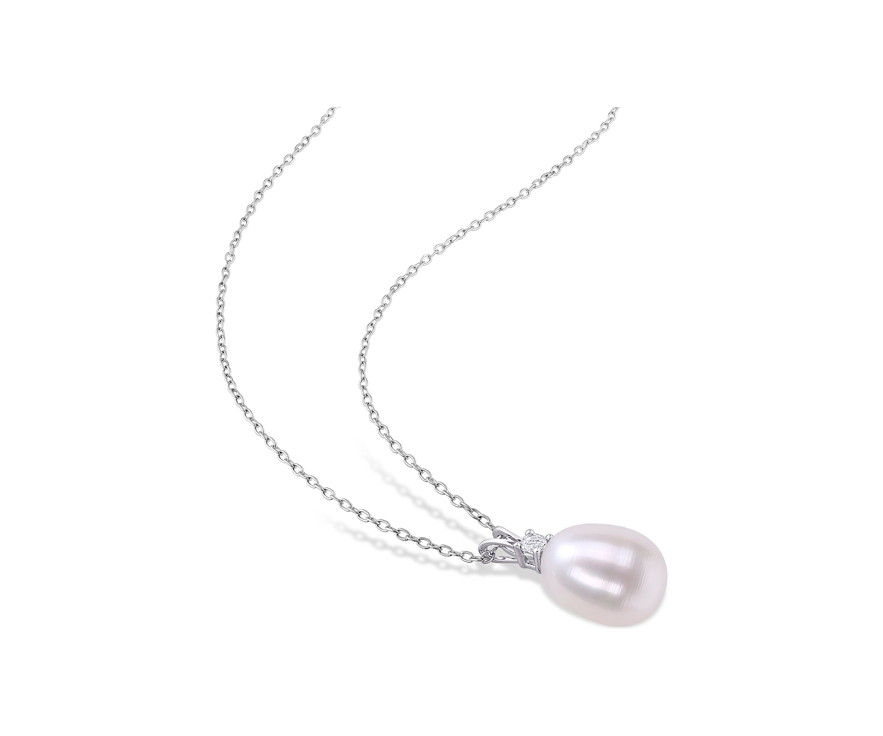 Lab Created 8-8.5mm Freshwater Cultured Pearl and 1/10 CT TGW Created White Sapphire Drop Pendant with Chain in Sterling Silver