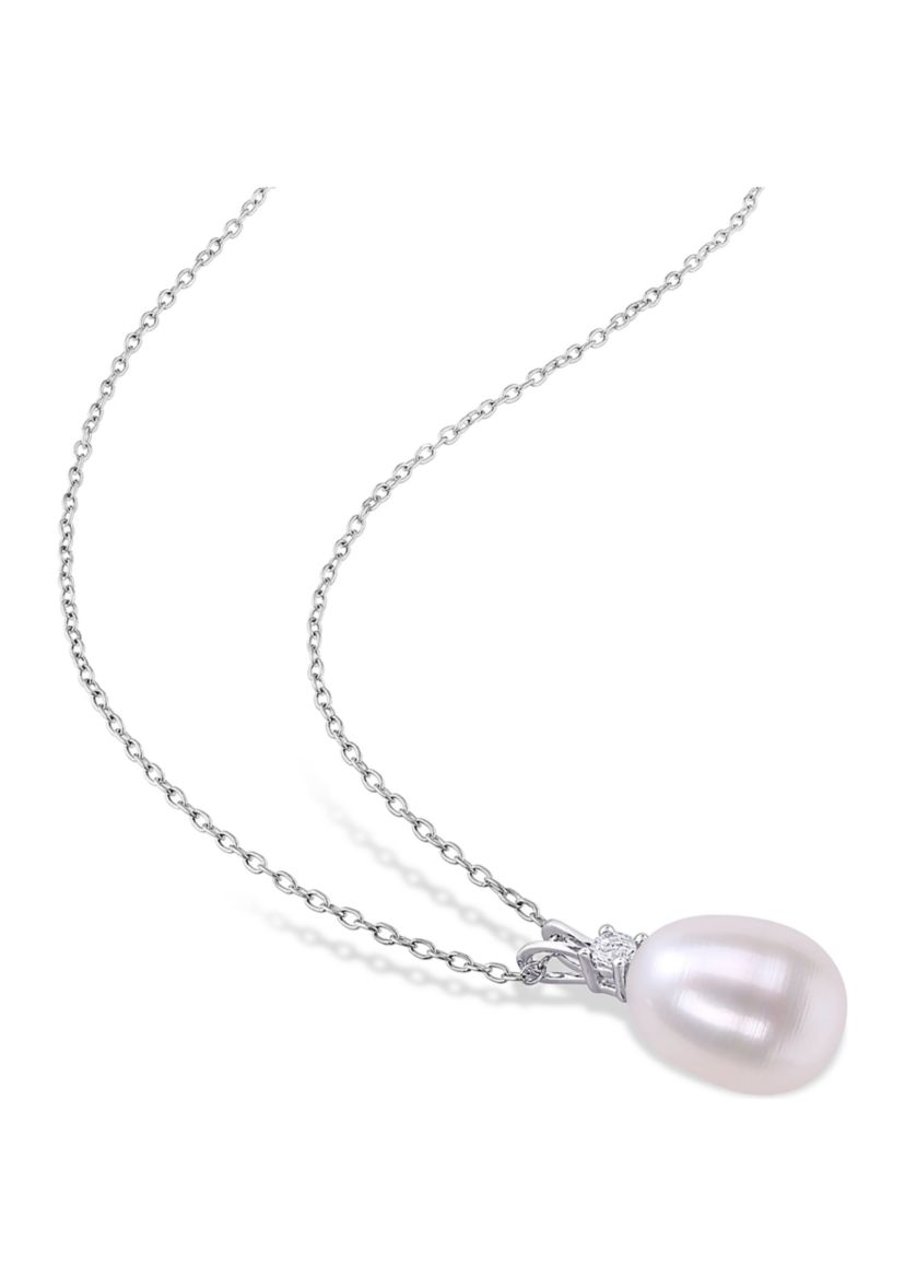 Lab Created 8-8.5mm Freshwater Cultured Pearl and 1/10 CT TGW Created White Sapphire Drop Pendant with Chain in Sterling Silver