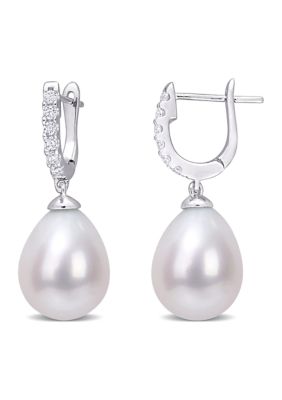 Haylee Jewels 8.5-9mm Freshwater Cultured Pearl and 1/5 CT TGW Cubic Zirconia Drop Cuff Earrings in Sterling Silver, White
