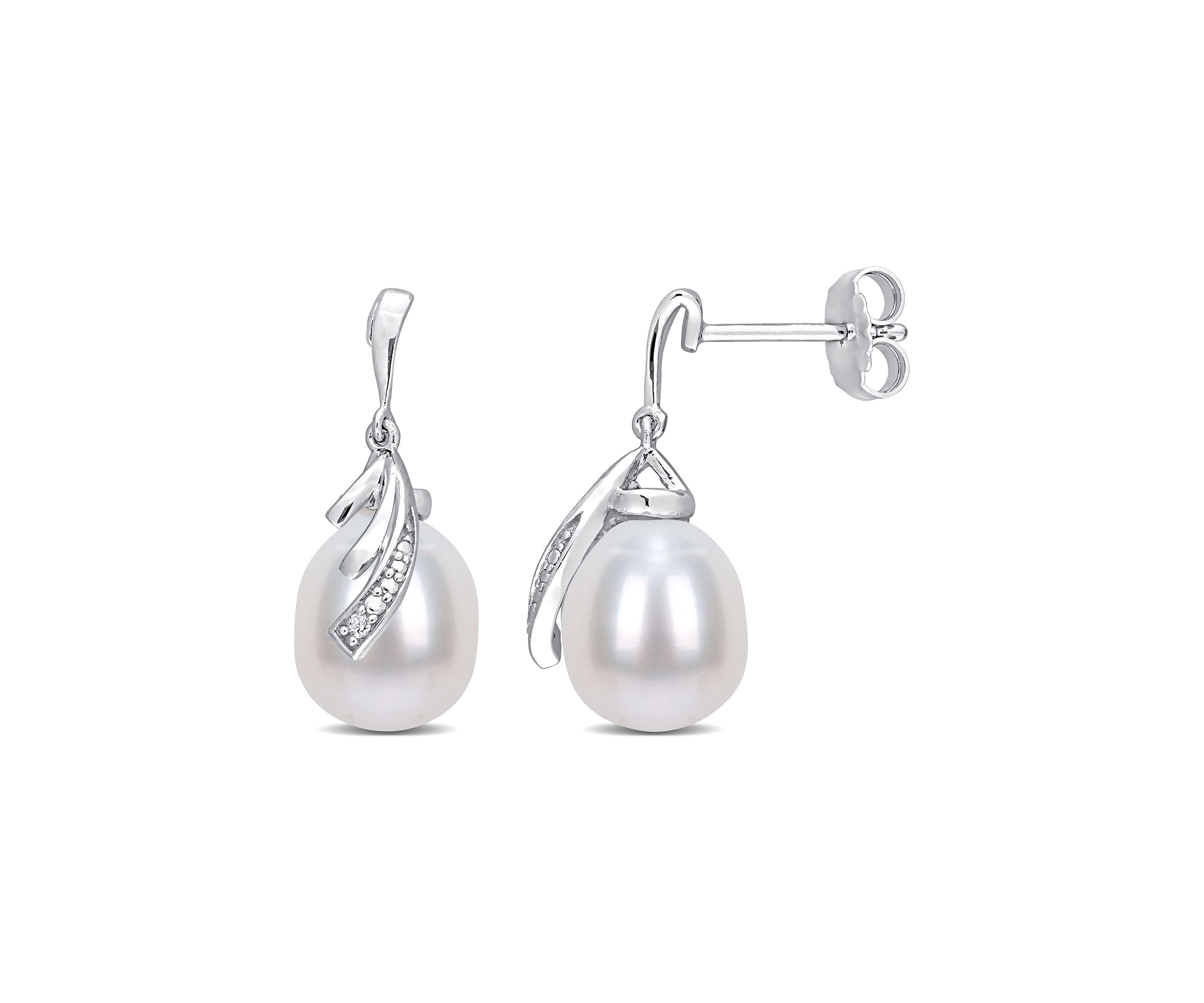 8-8.5mm Freshwater Cultured Pearl and Diamond Accent Feather Earrings in Sterling Silver