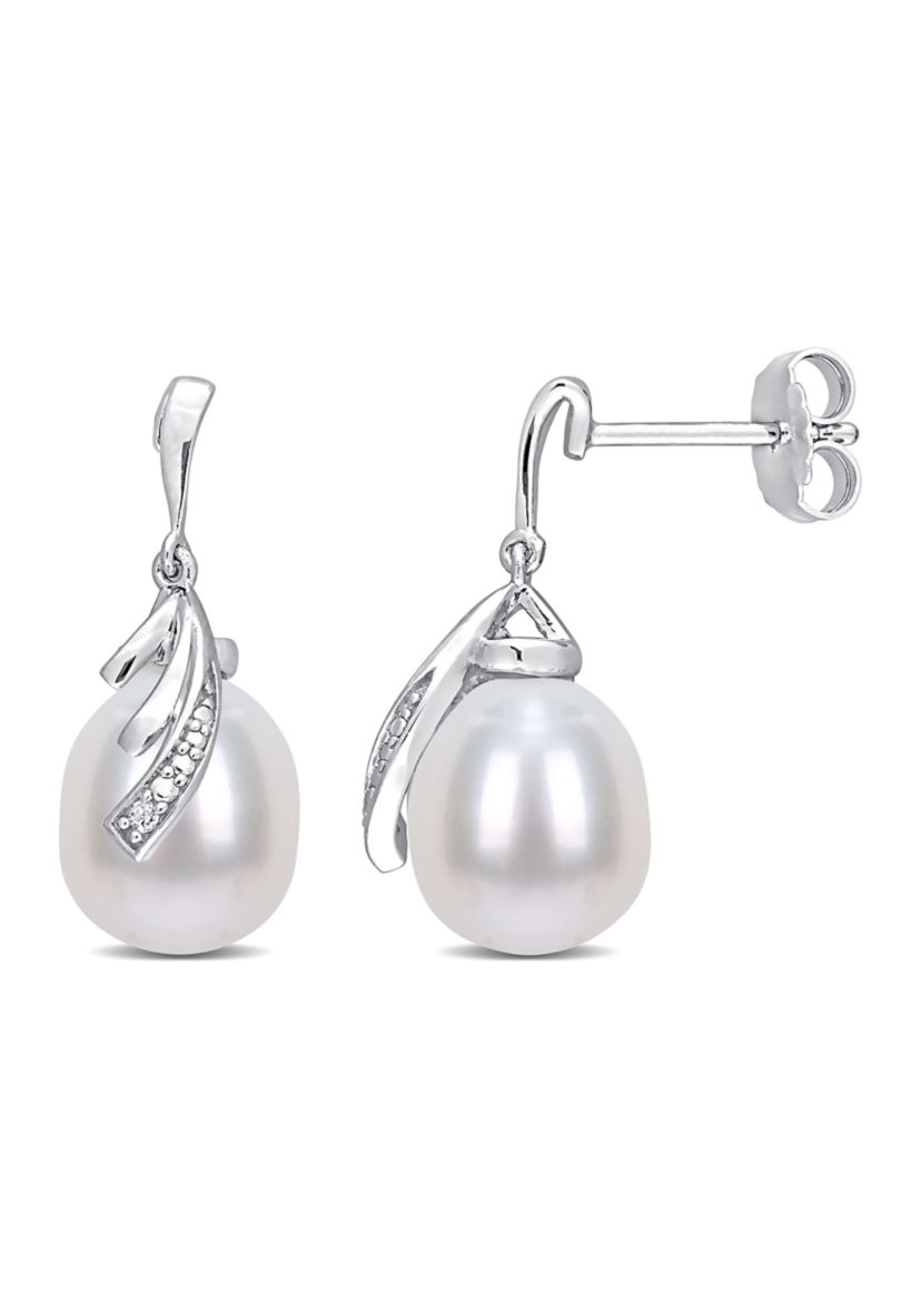 8-8.5mm Freshwater Cultured Pearl and Diamond Accent Feather Earrings in Sterling Silver