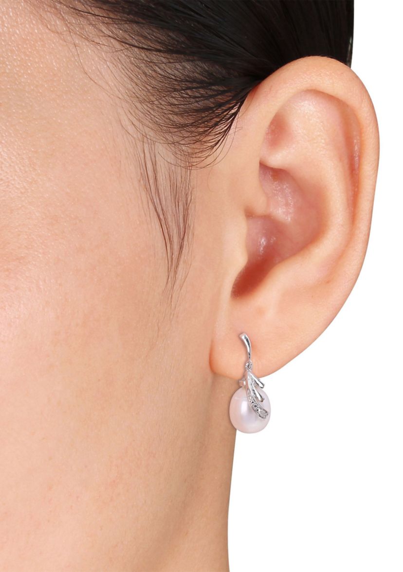 8-8.5mm Freshwater Cultured Pearl and Diamond Accent Feather Earrings in Sterling Silver