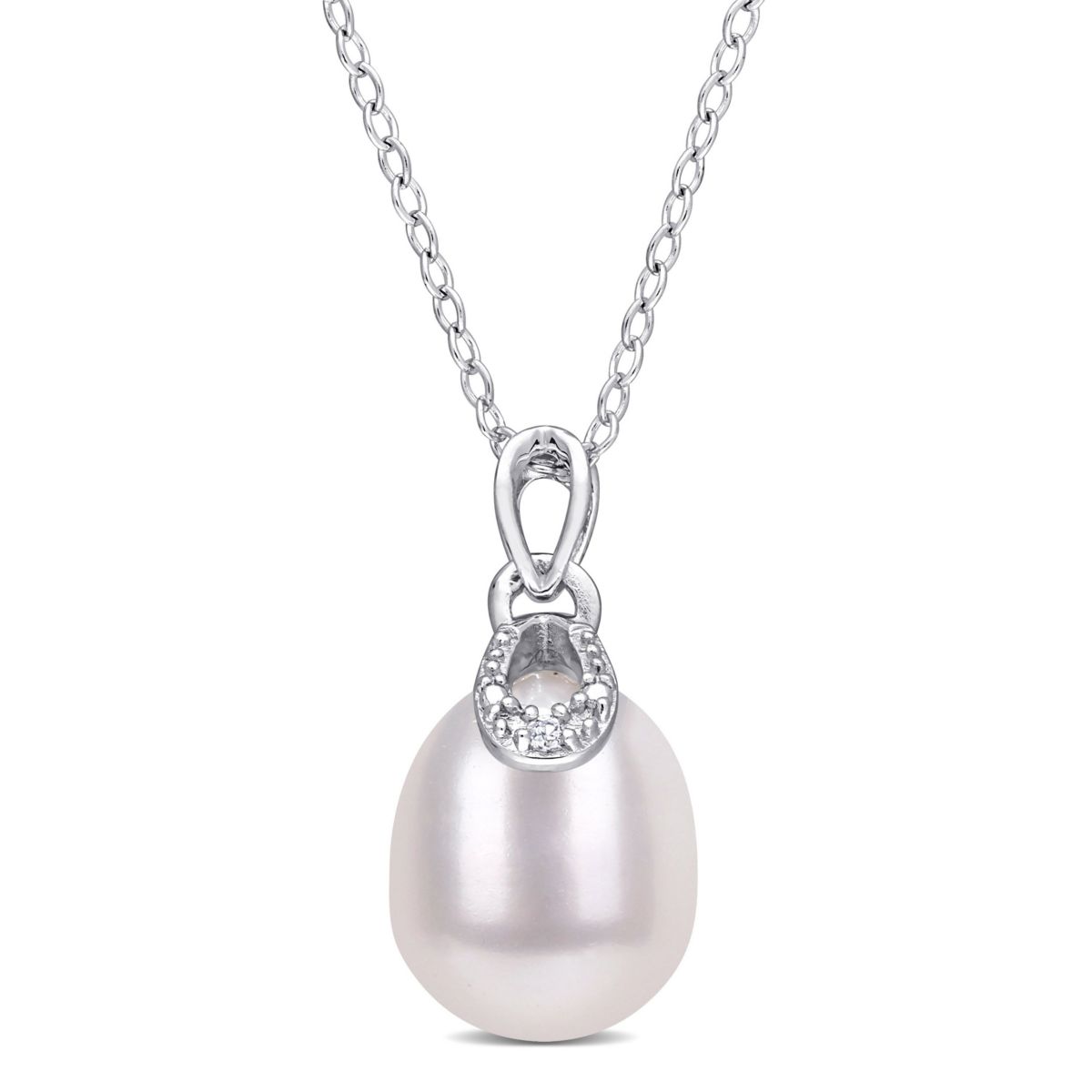 8.5-9mm Freshwater Cultured Pearl and Diamond Accent Drop Pendant with Chain in Sterling Silver