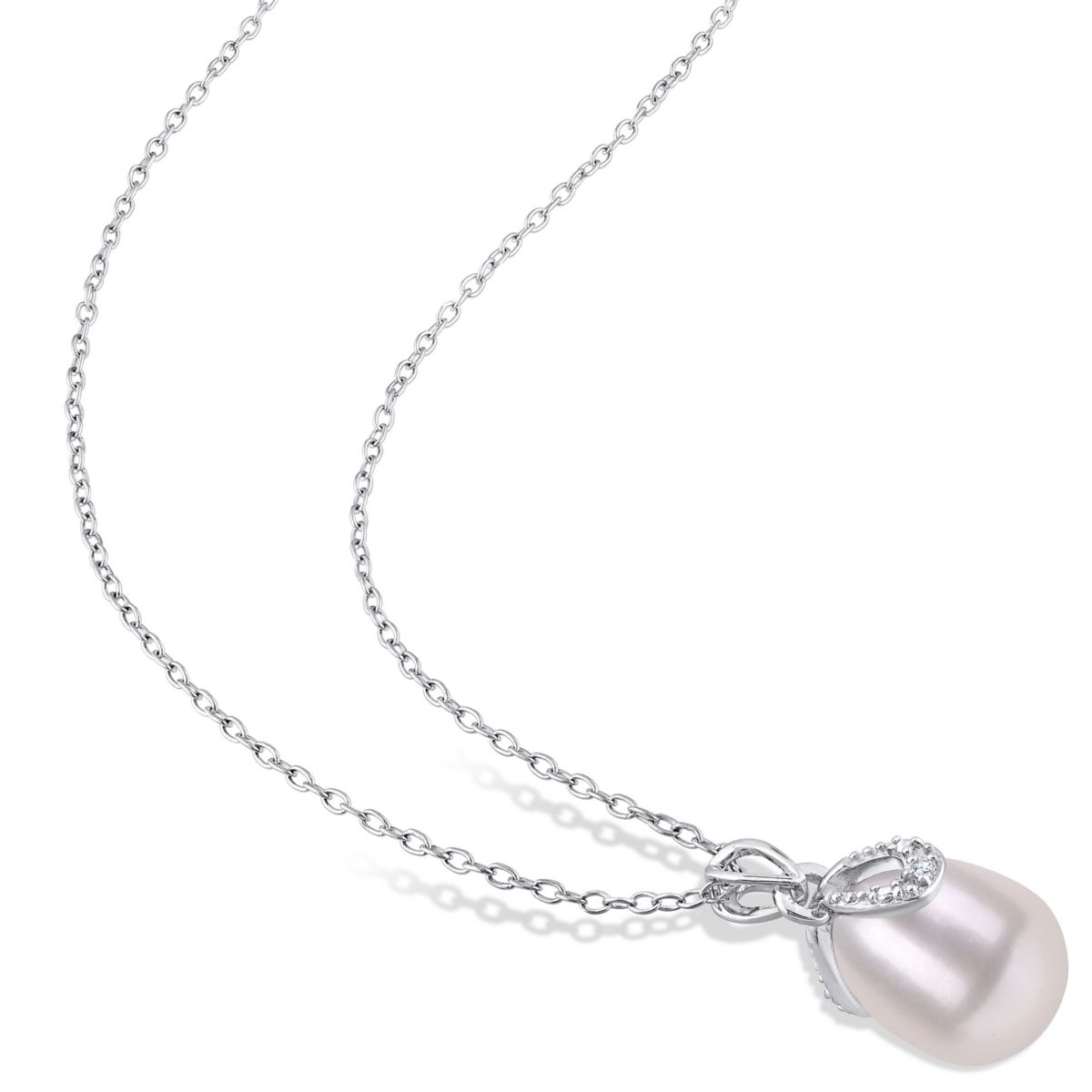 8.5-9mm Freshwater Cultured Pearl and Diamond Accent Drop Pendant with Chain in Sterling Silver