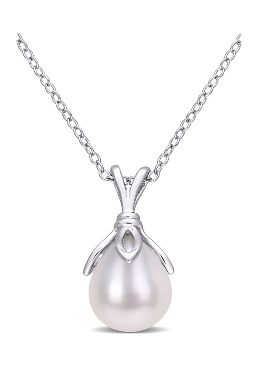8.5-9mm Freshwater Cultured Pearl Drop Pendant with Chain in Sterling Silver