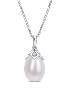 Belk & Co Lab Created 8.5-9mm Freshwater Cultured Pearl and White Sapphire Drop Pendant with Chain in Sterling Silver