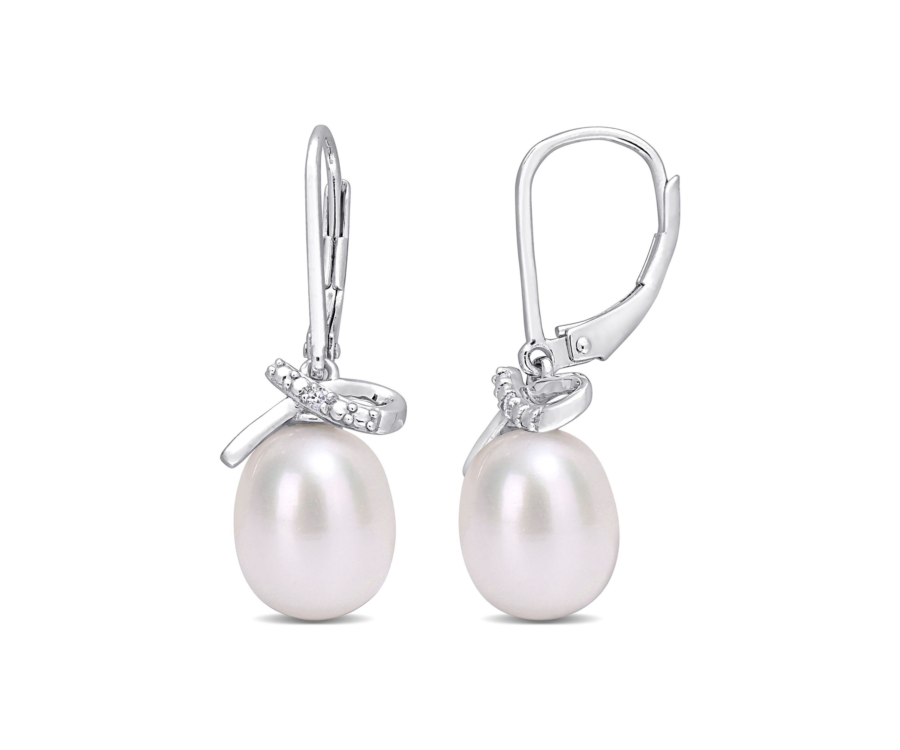 7.5-8mm Freshwater Cultured Pearl and Diamond Accent Leverback Earrings in Sterling Silver