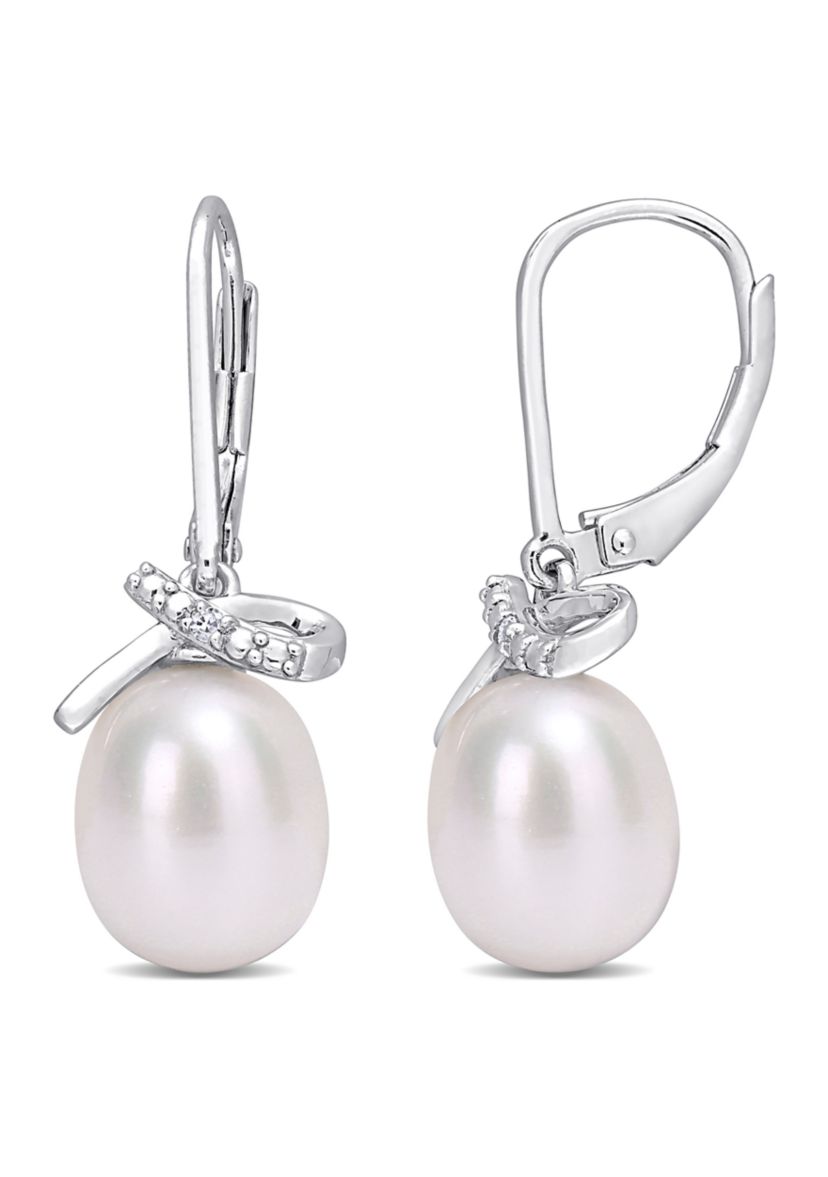 7.5-8mm Freshwater Cultured Pearl and Diamond Accent Leverback Earrings in Sterling Silver