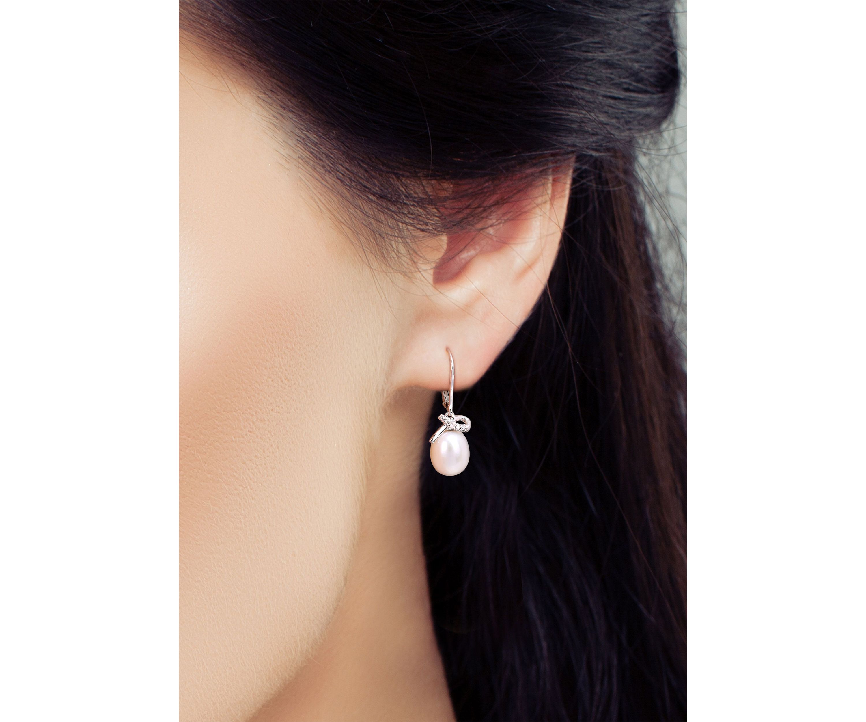 7.5-8mm Freshwater Cultured Pearl and Diamond Accent Leverback Earrings in Sterling Silver