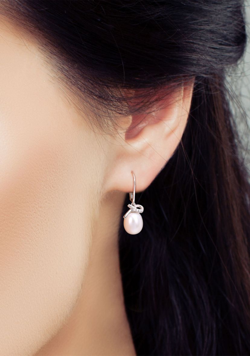 7.5-8mm Freshwater Cultured Pearl and Diamond Accent Leverback Earrings in Sterling Silver