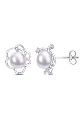 Belk & Co Lab Created 7.5-8mm Freshwater Cultured Pearl and White Sapphire Floral Stud Earrings in Sterling Silver