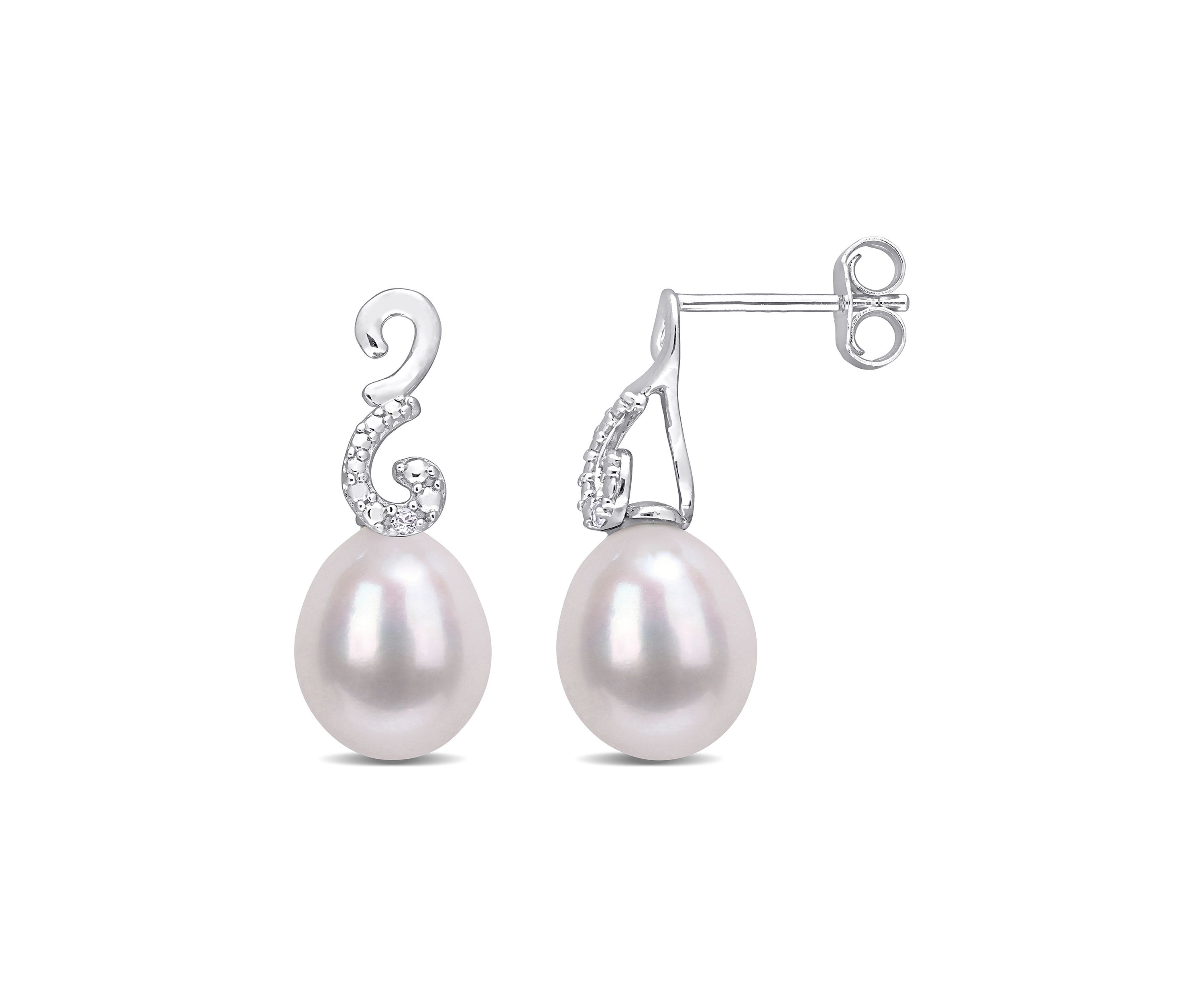 8-8.5mm Freshwater Cultured Pearl and Diamond Accent Peacock Drop Earrings in Sterling Silver