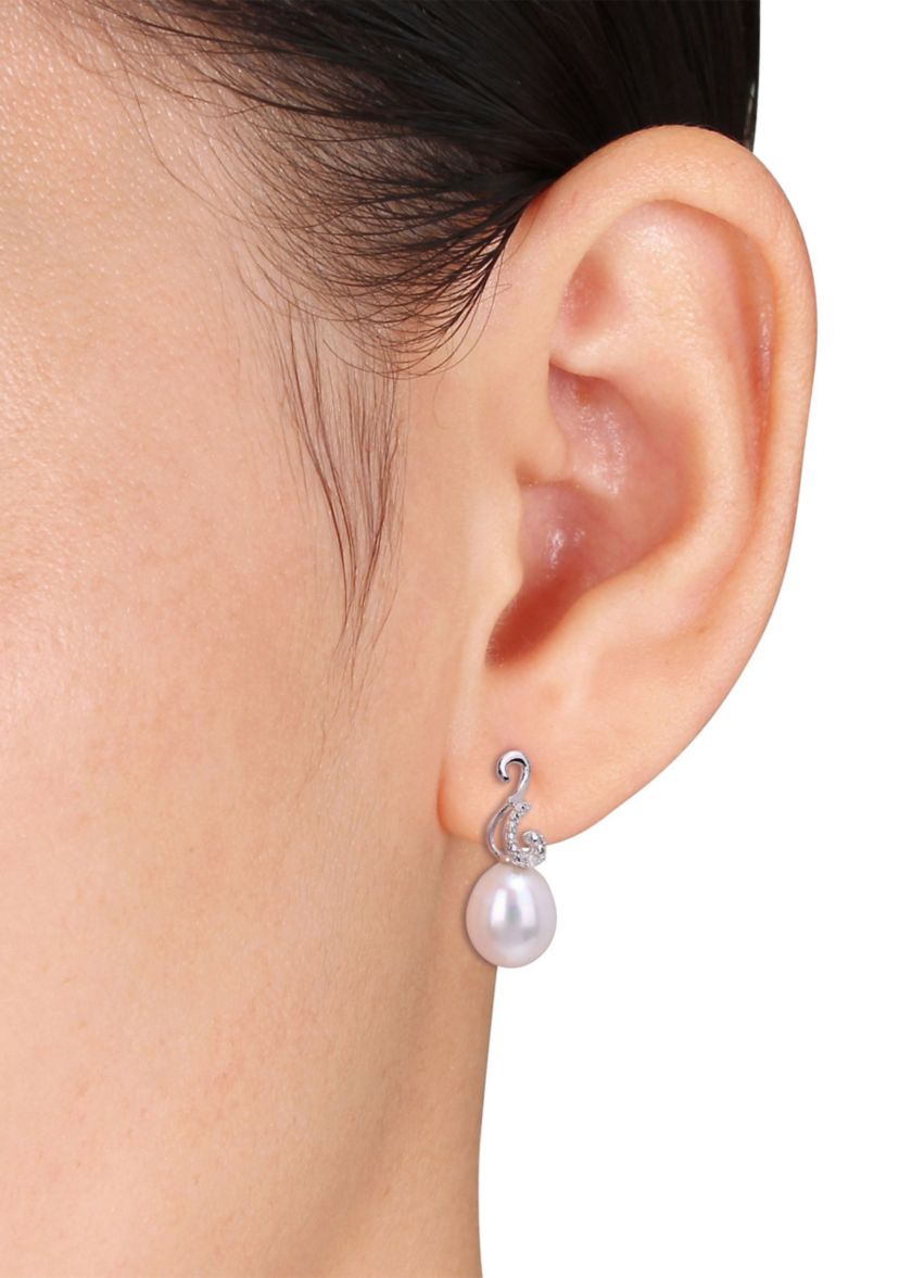 8-8.5mm Freshwater Cultured Pearl and Diamond Accent Peacock Drop Earrings in Sterling Silver