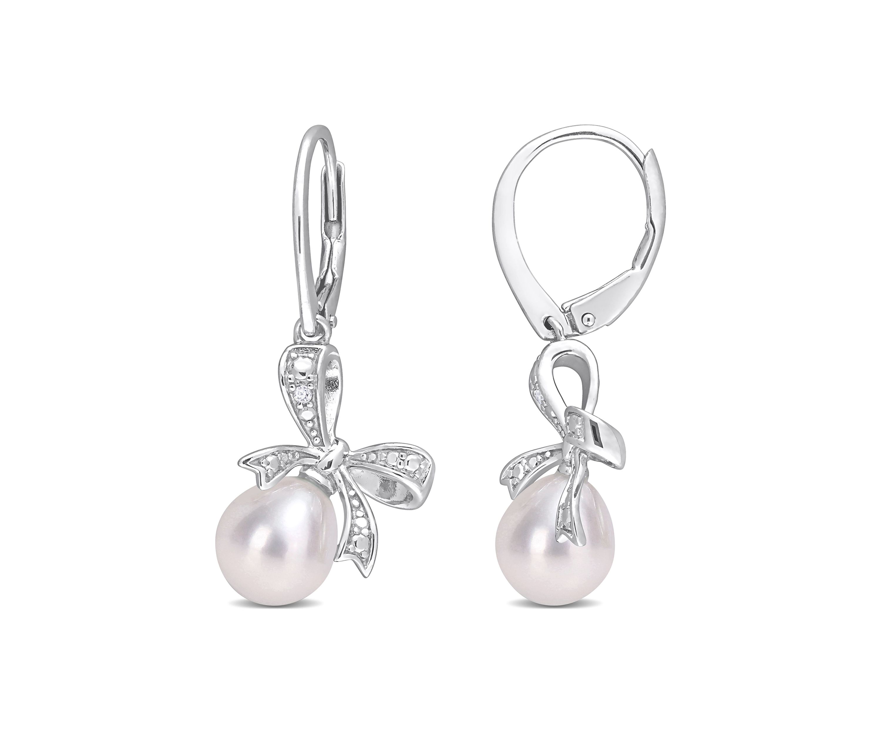 7.5-8mm Freshwater Cultured Pearl and Diamond Accent Bow Leverback Earrings in Sterling Silver