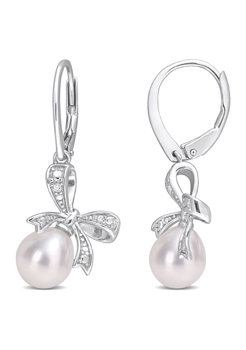 7.5-8mm Freshwater Cultured Pearl and Diamond Accent Bow Leverback Earrings in Sterling Silver
