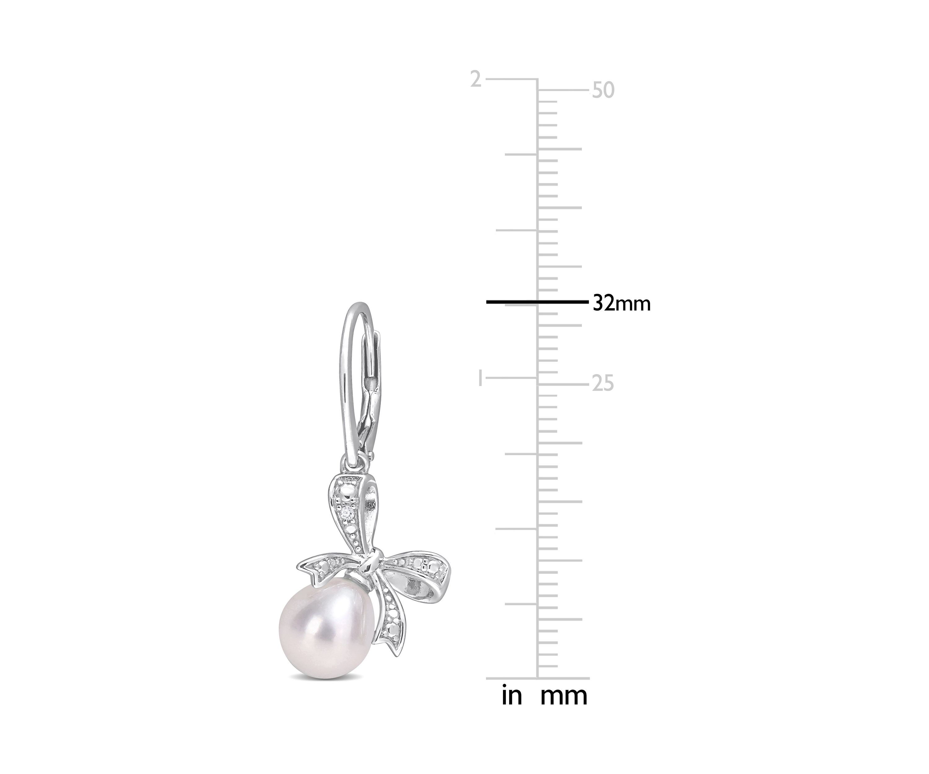 7.5-8mm Freshwater Cultured Pearl and Diamond Accent Bow Leverback Earrings in Sterling Silver