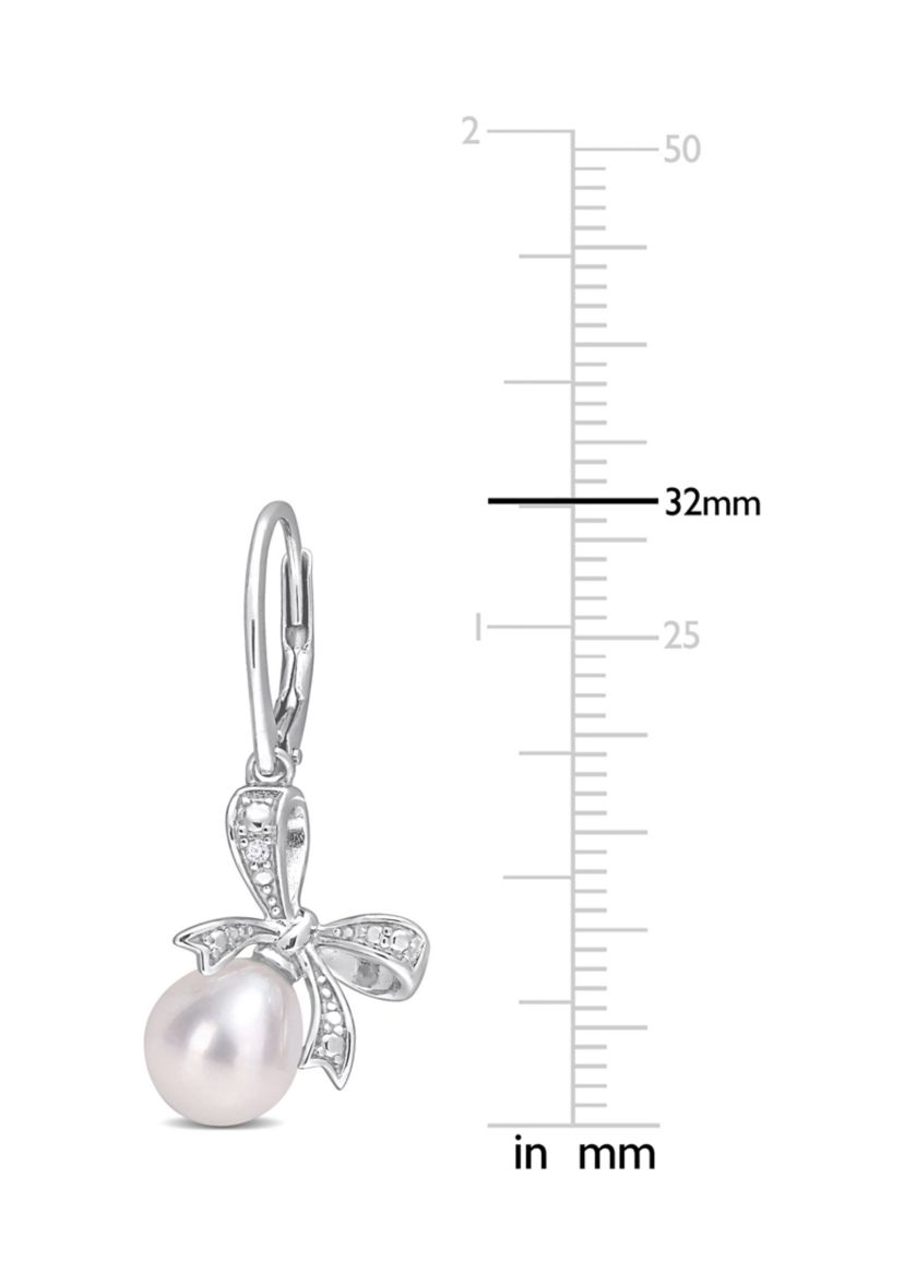 7.5-8mm Freshwater Cultured Pearl and Diamond Accent Bow Leverback Earrings in Sterling Silver