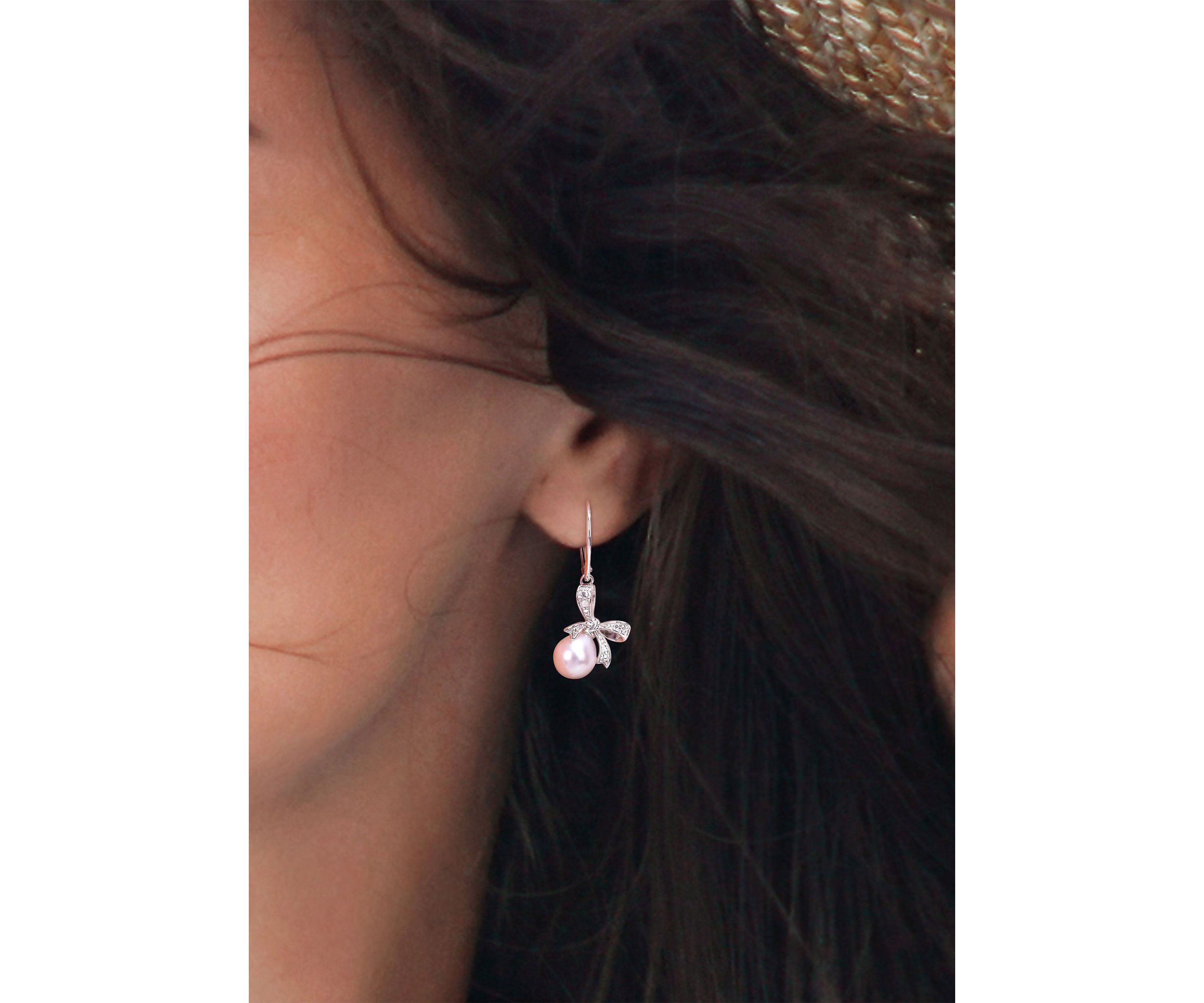 7.5-8mm Freshwater Cultured Pearl and Diamond Accent Bow Leverback Earrings in Sterling Silver