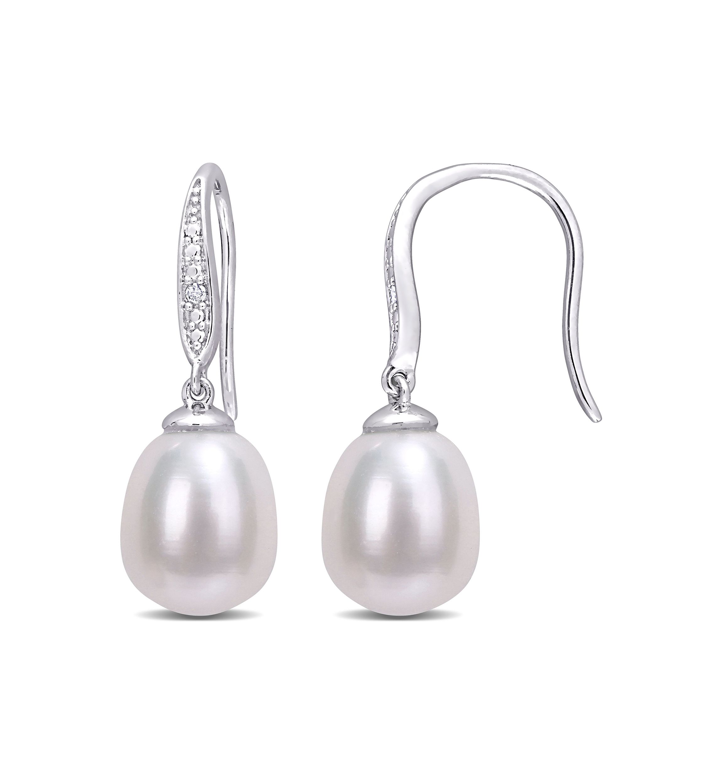 8.5-9mm Freshwater Cultured Pearl and Diamond Accent Shepherd Hook Earrings in Sterling Silver