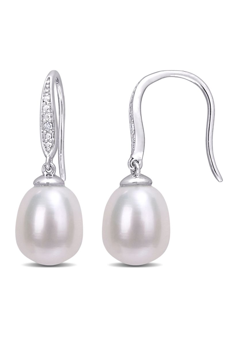 8.5-9mm Freshwater Cultured Pearl and Diamond Accent Shepherd Hook Earrings in Sterling Silver
