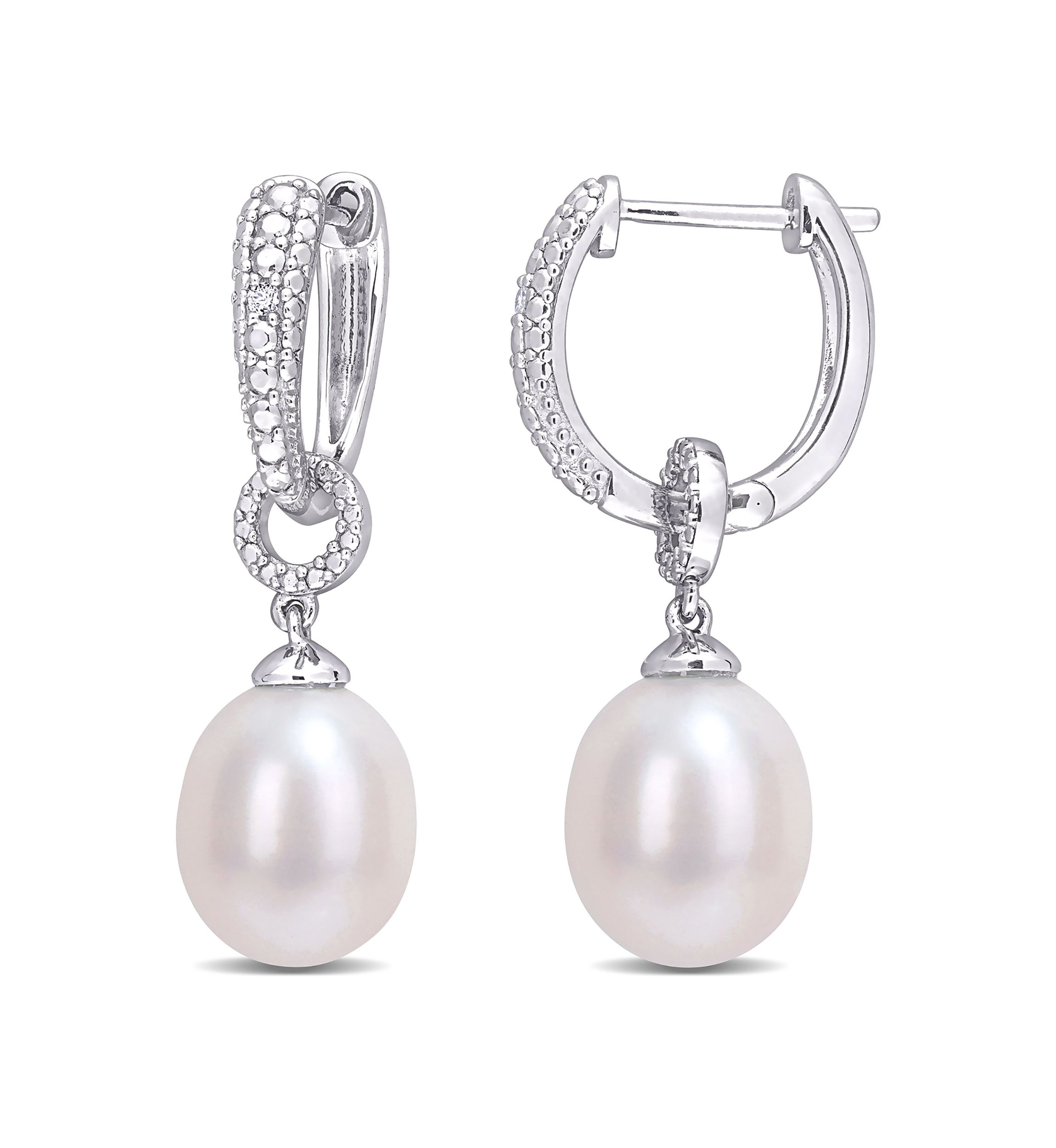 8-8.5mm Freshwater Cultured Pearl and Diamond Accent Drop Hoop Earrings in Sterling Silver