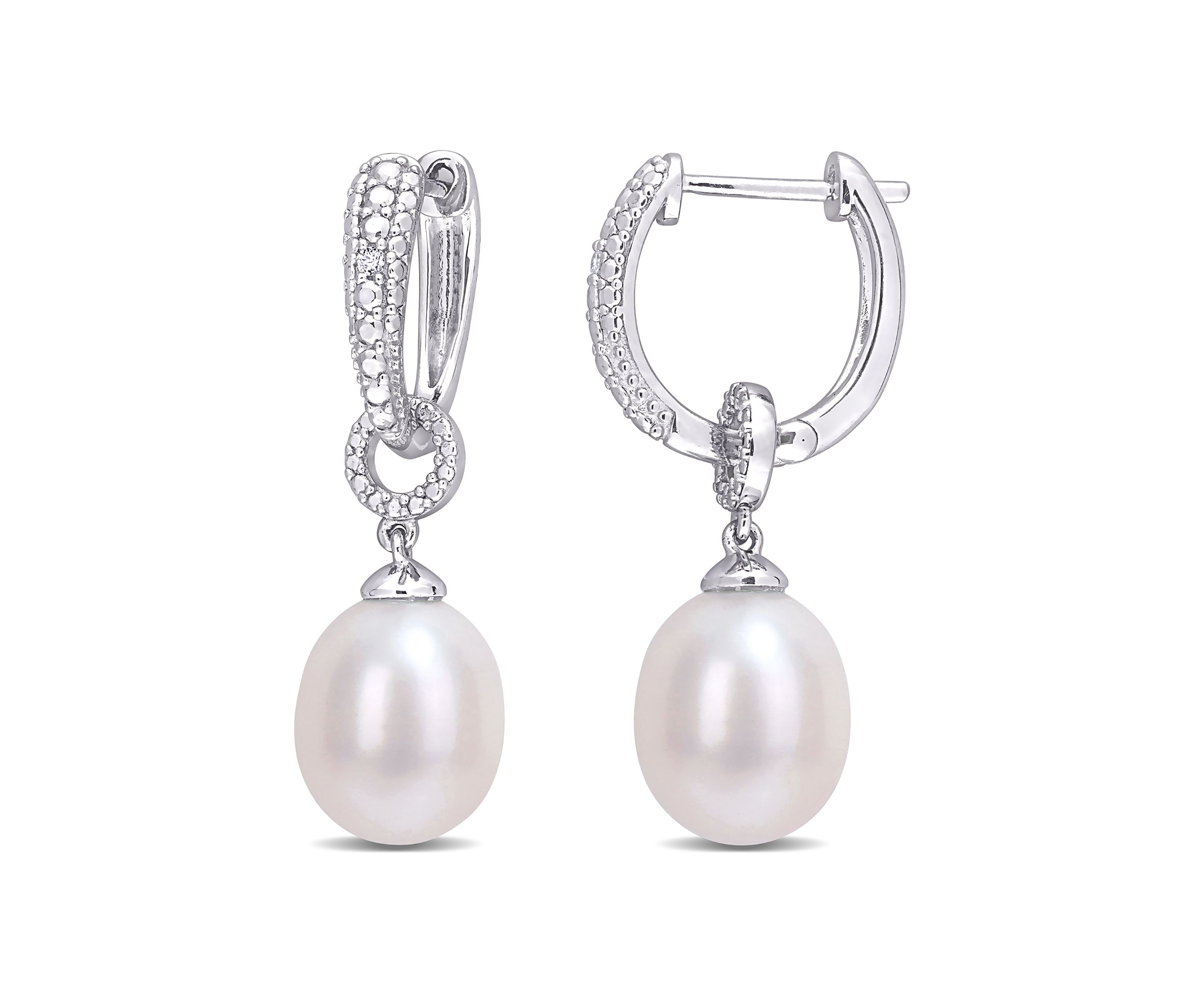 8-8.5mm Freshwater Cultured Pearl and Diamond Accent Drop Hoop Earrings in Sterling Silver