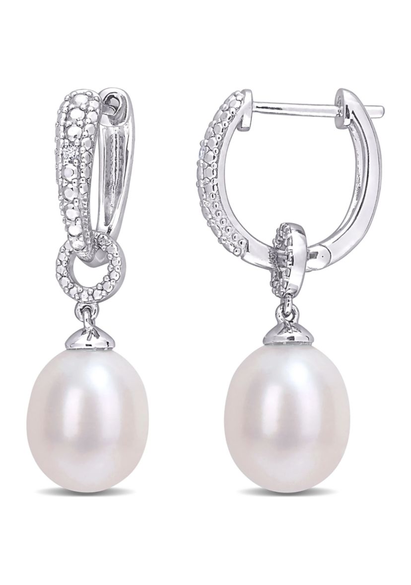 8-8.5mm Freshwater Cultured Pearl and Diamond Accent Drop Hoop Earrings in Sterling Silver
