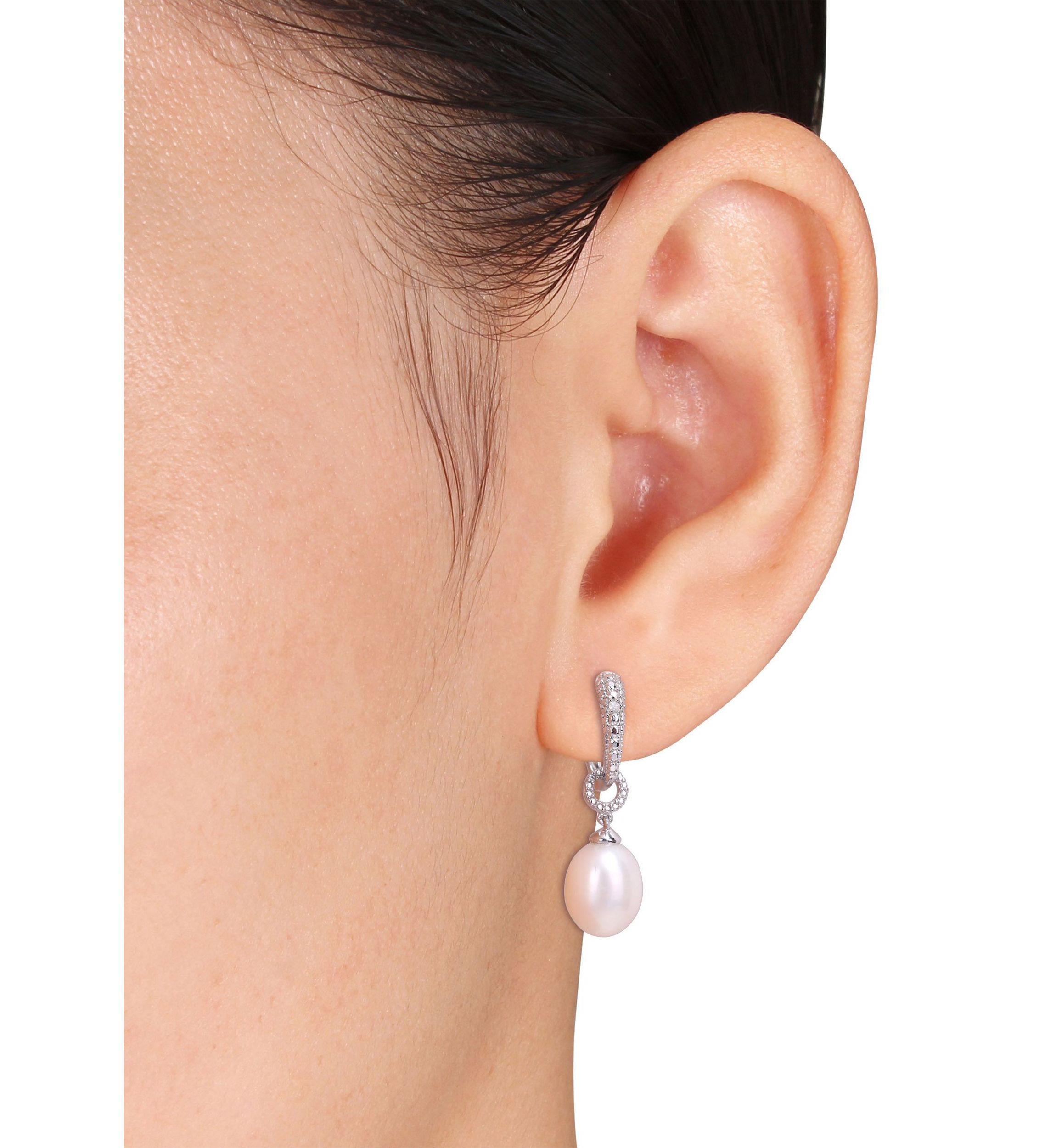 8-8.5mm Freshwater Cultured Pearl and Diamond Accent Drop Hoop Earrings in Sterling Silver