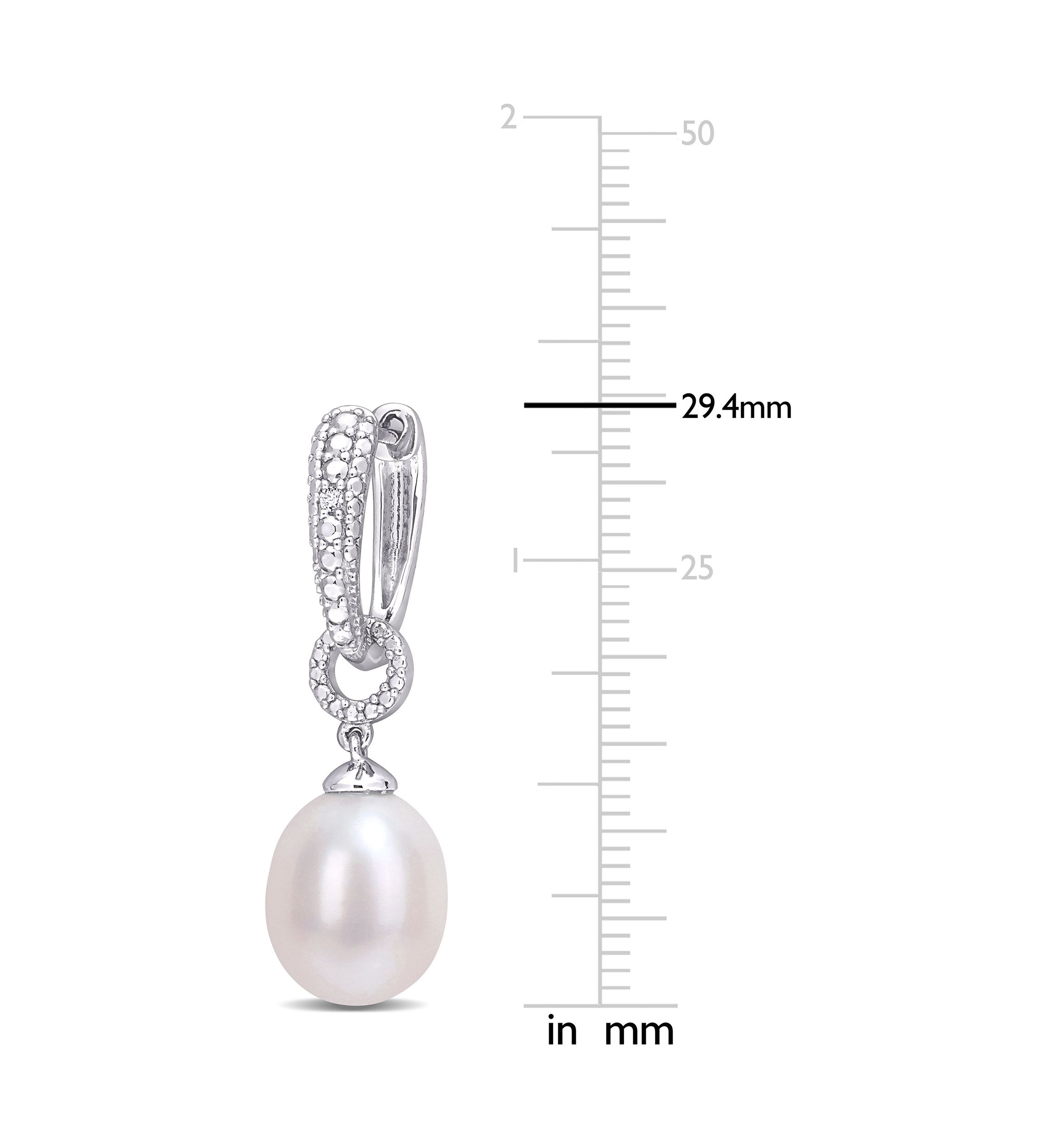 8-8.5mm Freshwater Cultured Pearl and Diamond Accent Drop Hoop Earrings in Sterling Silver