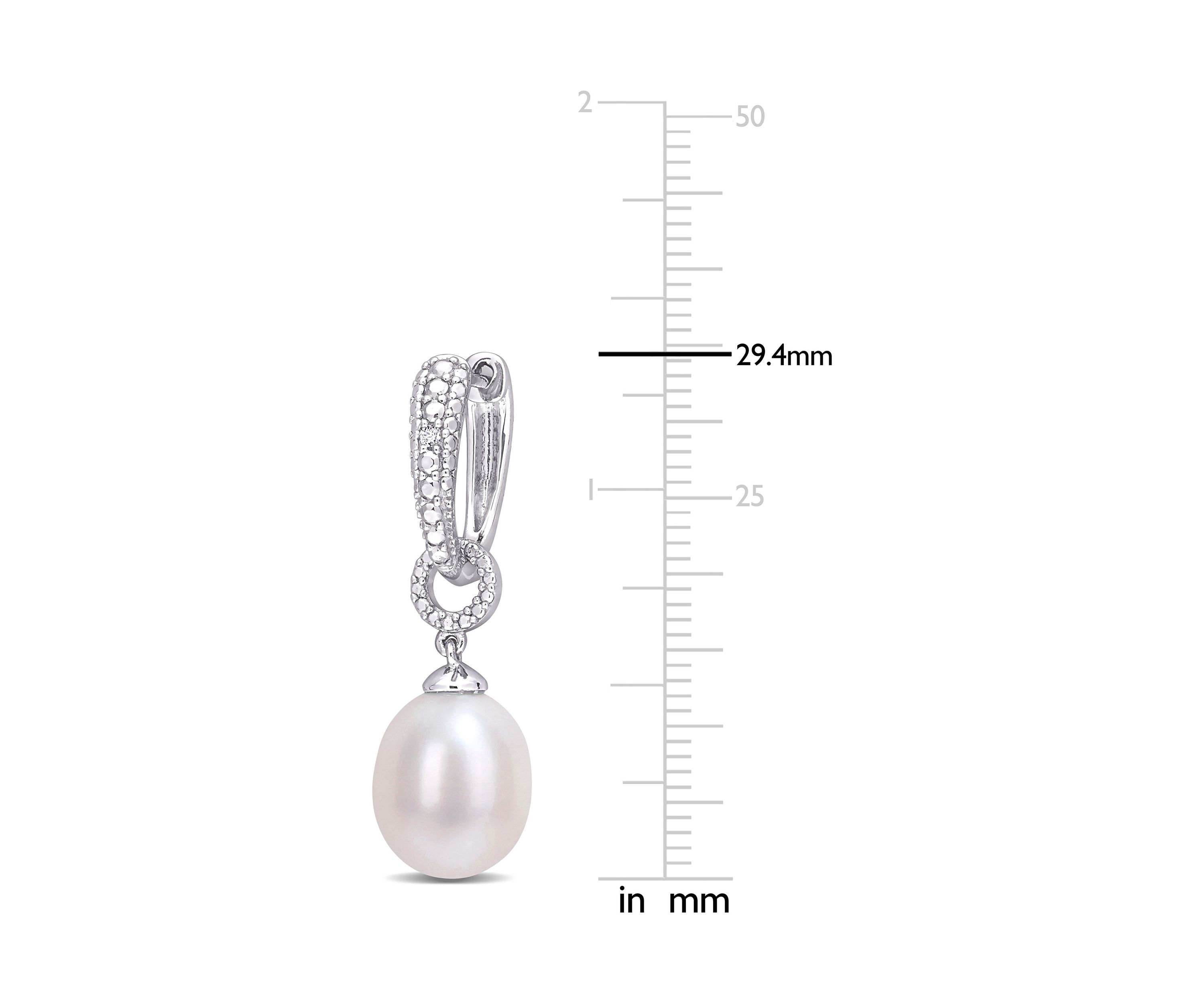 8-8.5mm Freshwater Cultured Pearl and Diamond Accent Drop Hoop Earrings in Sterling Silver