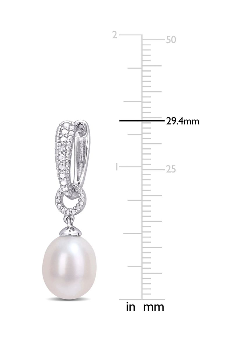 8-8.5mm Freshwater Cultured Pearl and Diamond Accent Drop Hoop Earrings in Sterling Silver