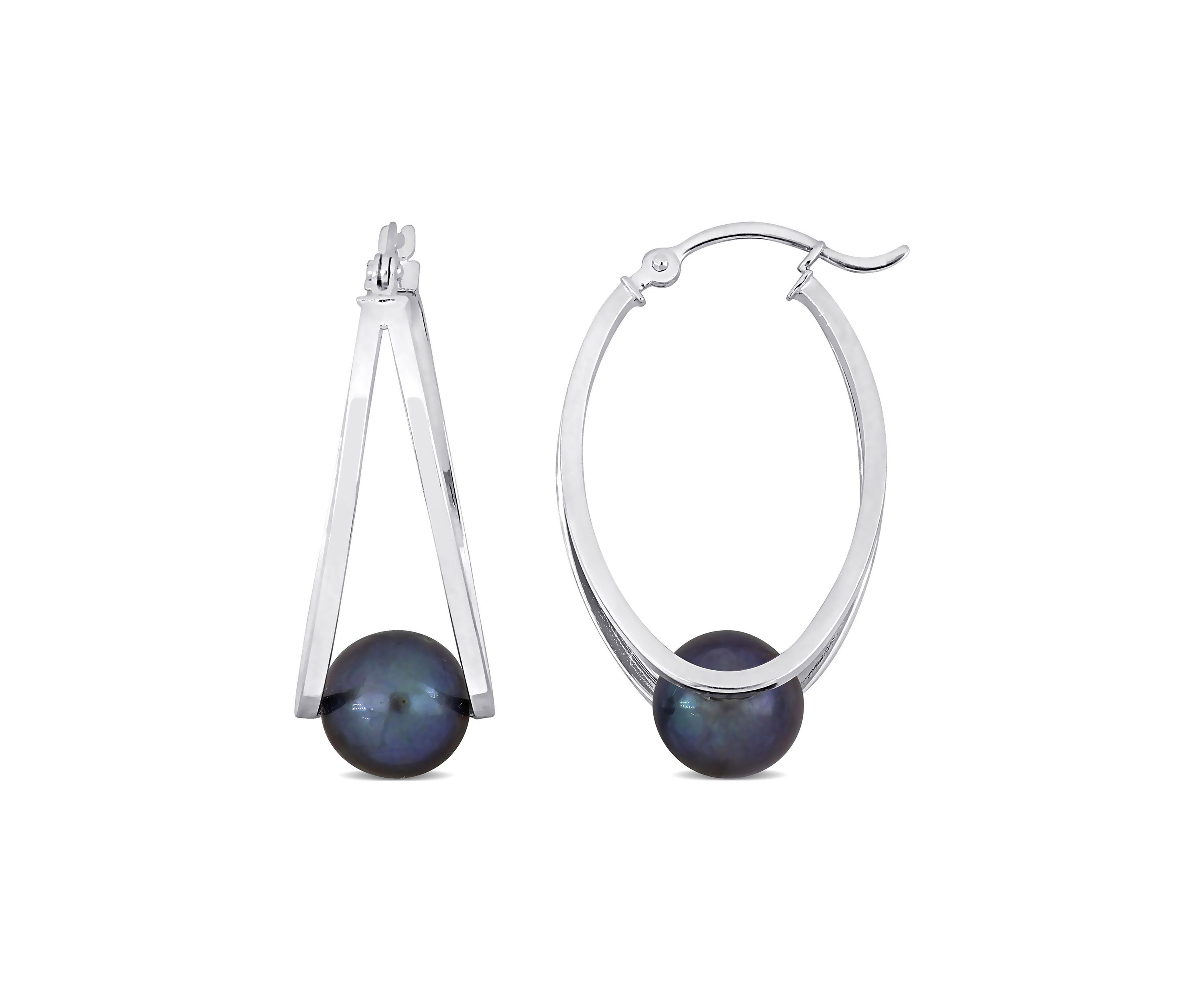 8 - 8.5 mm Freshwater Cultured Black Pearl Earrings in Sterling Silver