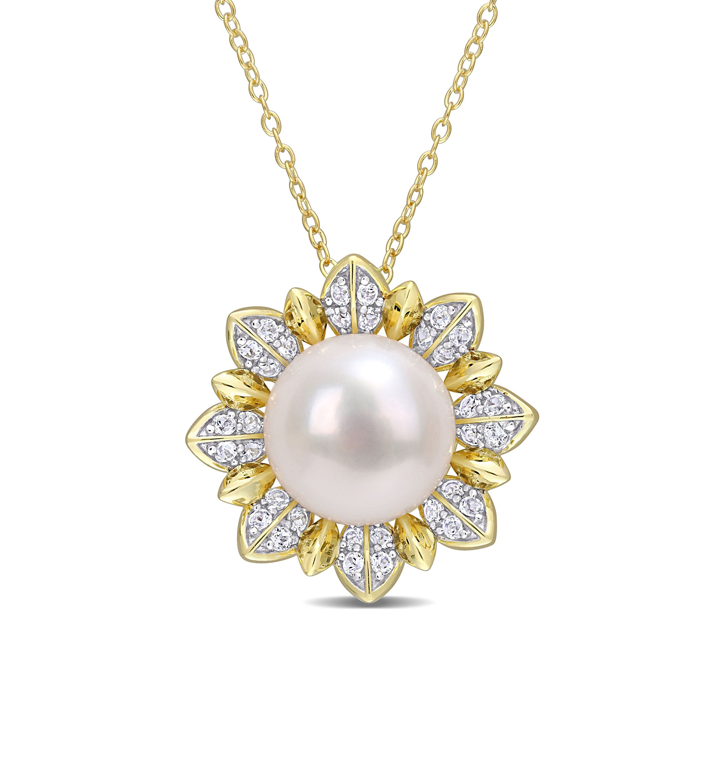 8.5-9 MM Cultured Freshwater Pearl and 1 CT TGW White Topaz Floral Pendant with Chain in Yellow Plated Sterling Silver